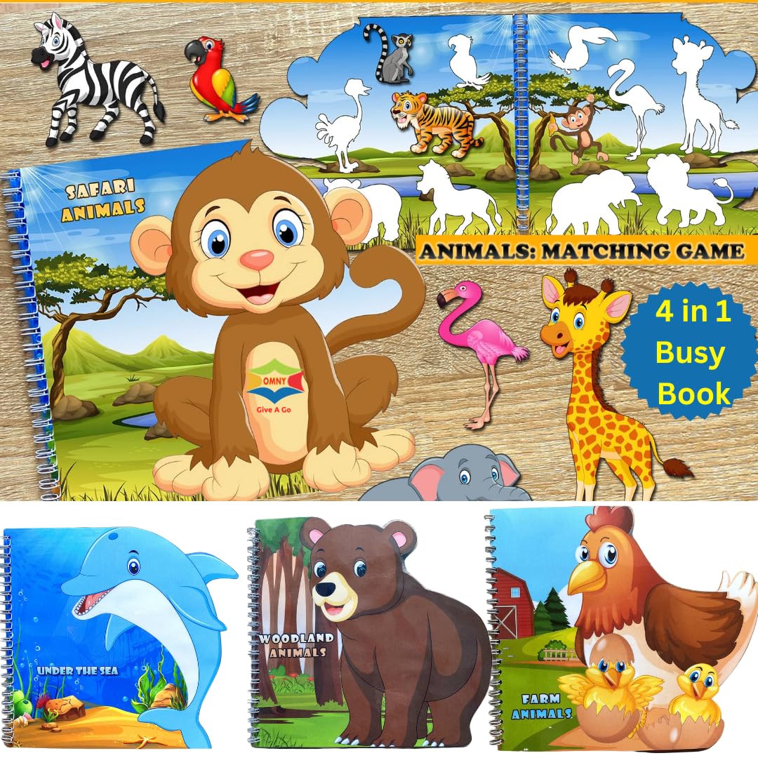 OMNY Animal Shaped Busy Books for 2- 4 years kids| Die-Cut Animals Montessori Busy Binder | 4 in 1 Preschool sticker book for toddler activites includes Farm,Woodland,Safari and Sea Animals | Hard Laminated activity book with Hook and loop Attached| 40+ round cornered cut-outs | Water/Tear proof |Reduce Screen Time