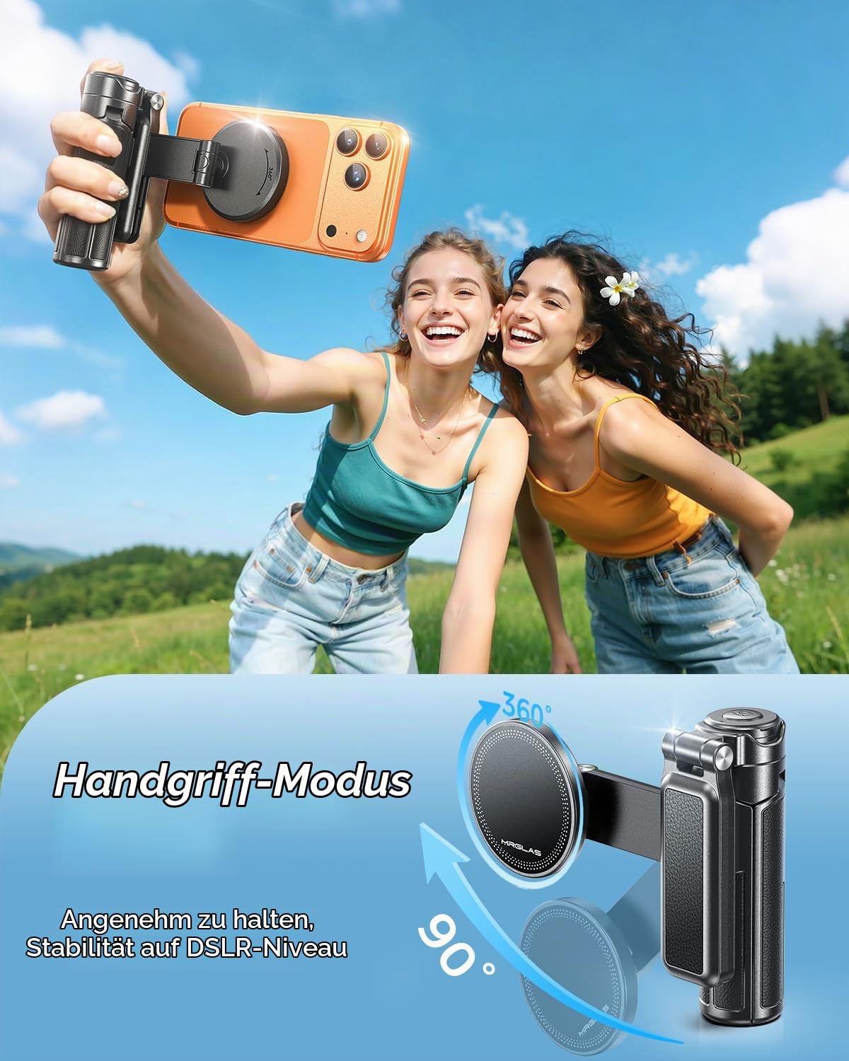 17 Zoll Handy Stativ Selfie Stick, 4,5 Zoll Taschenformat Bluetooth | 4-in-1 Design, Kabellose Fernbedienung, 360° drehbar, Kompatibel mit MagSafe, Abnehmbare Klemme, Für iPhone Android