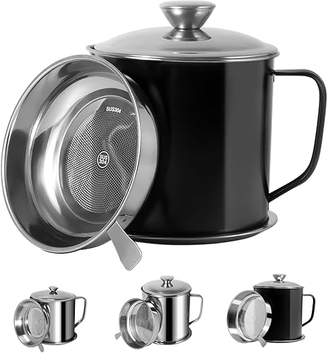 Recipiente de grasa de tocino con colador de 1.25 L / 42 oz de acero inoxidable con tapa y mango de fácil agarre adecuado para almacenar aceite de