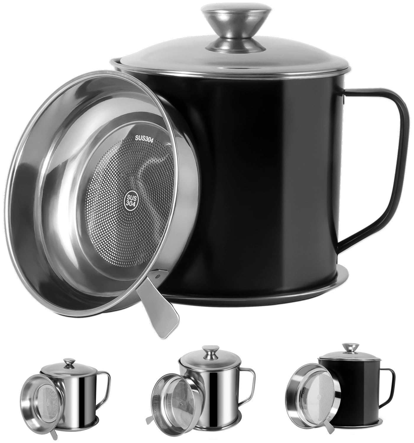 Bacon Grease Container with Strainer 1.25 L / 42 oz Sturdy Soild SUS 304 Food-grade Stainless Steel Cooking Oil Keeper with Lid and Easy-Grip Handle Suitable for Storing Frying Oil and Cooking Grease