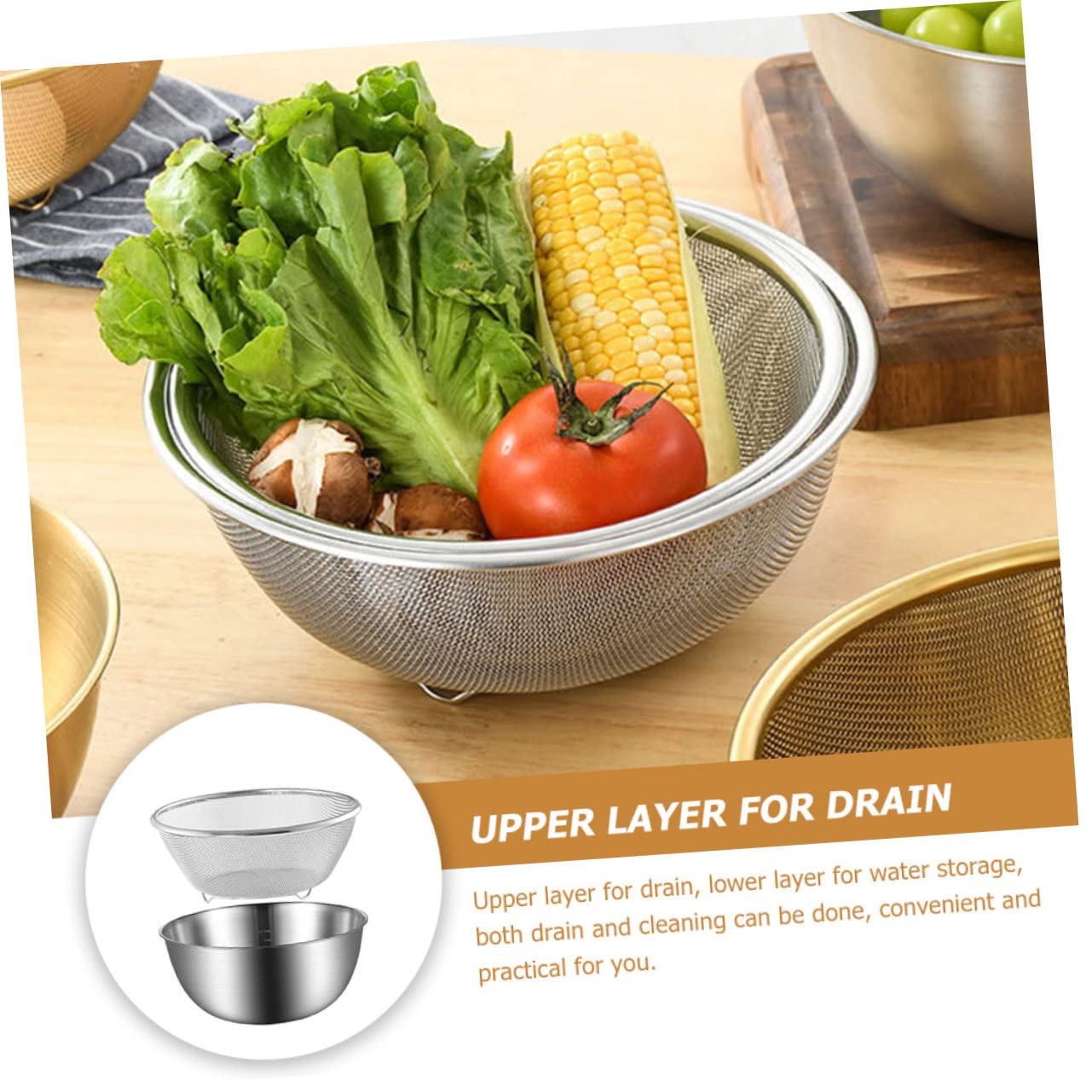 Colador para Lavar Verduras y Frutas de Acero Inoxidable Diseño Resistente y Doble Capa para Drenaje y Almacenamiento de Cocina en Cocina