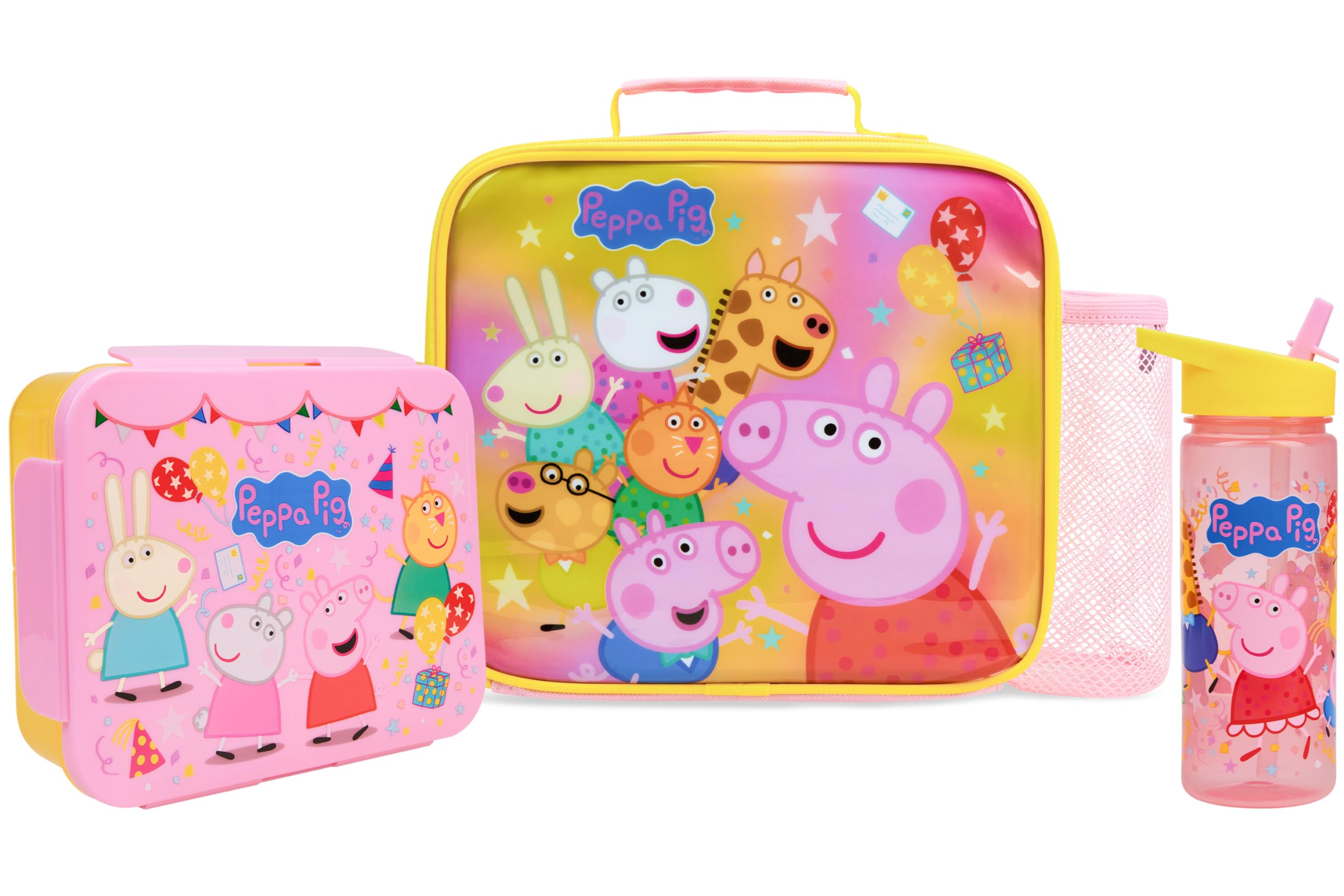Get Trend Peppa Wutz Lunchtasche Kinder Set 3 Tlg. mit Trinkflasche, Lunchbox mit Fächern und Isolierte Snack Tasche, für Schule, Kita und Vorschule (Multi Peppa Pig)