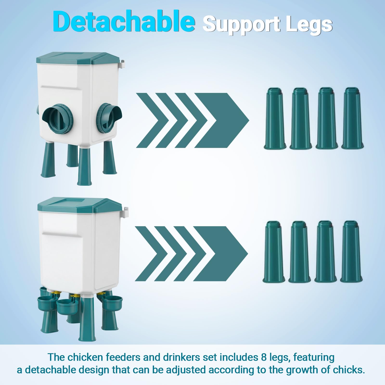 Comedero de pollo de 12 kg y dispensador de agua de pollo de 11 L, comederos y bebedores de pollo con 15 anillos de patas de pollo y ganchos en S, alimentador automático de aves de corral con patas