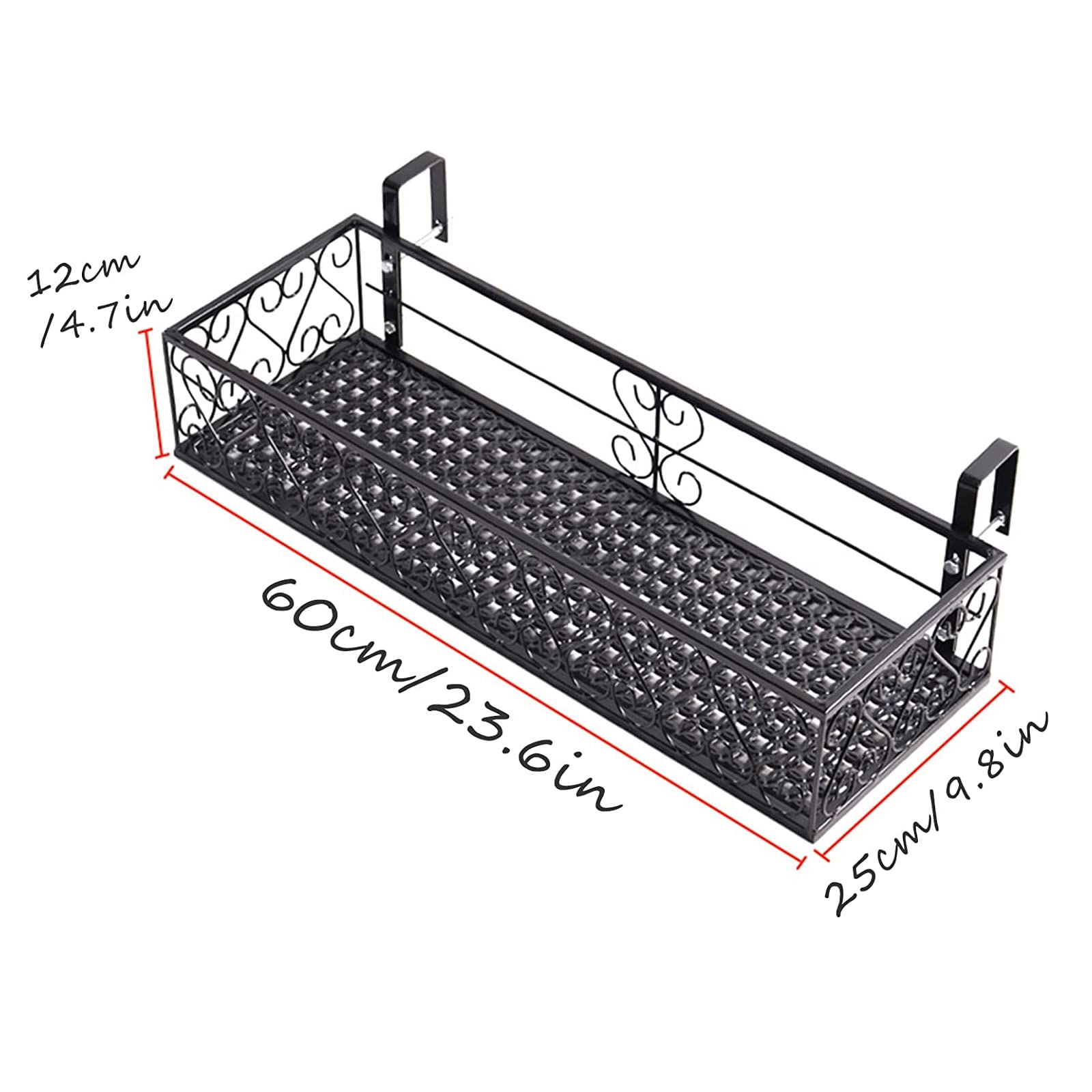 Recular Żelazna donica na balustradę, 60 x 25 x 12 cm, wisząca półka balkonowa, stojak na kwiaty, do użytku na zewnątrz, idealny żelazny kosz ogrodzeniowy na rośliny i kwiaty
