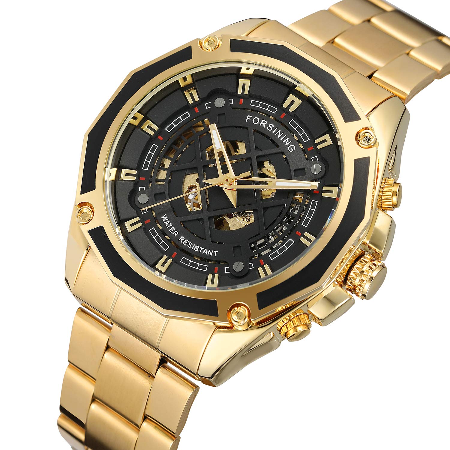 FORSINING Orologio da polso da uomo, sportivo, con movimento meccanico automatico, Oro, attività commerciale