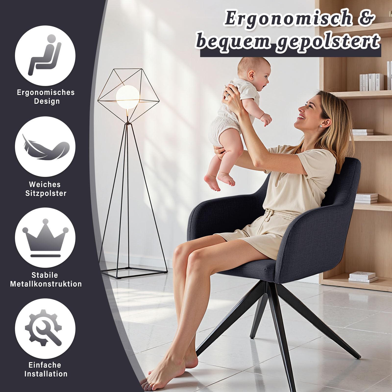 4er Set Drehbare Esszimmerstühle mit Armlehne – 360° Samt Polsterstuhl mit Auto-Return Funktion, Gepolstert, Schwarze Metallbeine, für Esszimmer & Küche