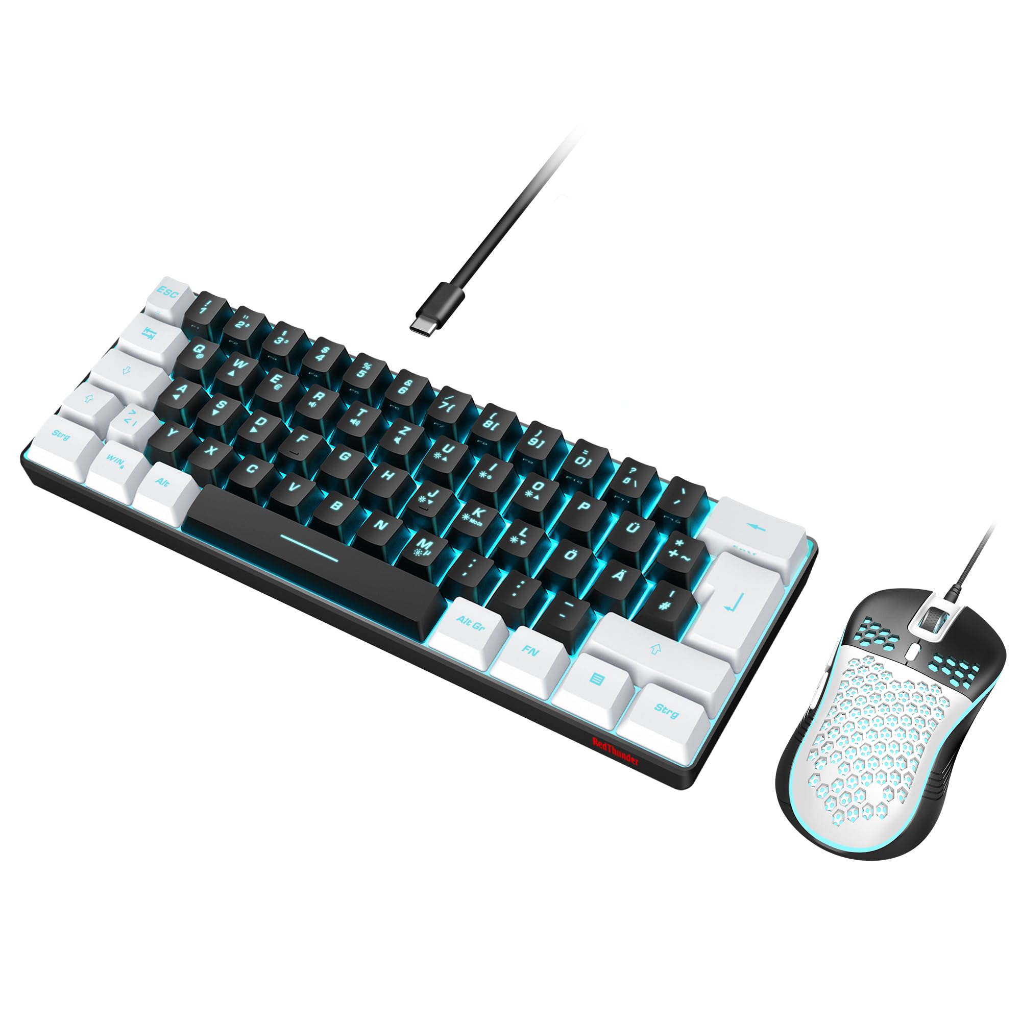 RedThunder 60% RGB Wired Gaming Keyboard and Mouse Set, Mini Gaming Keyboard, 62 Keyboard, DE Layout, Ultralight 7200 DPI Mouse with Honeycomb Construction for PC Mac PS5 Xbox Gamer (Black/White)