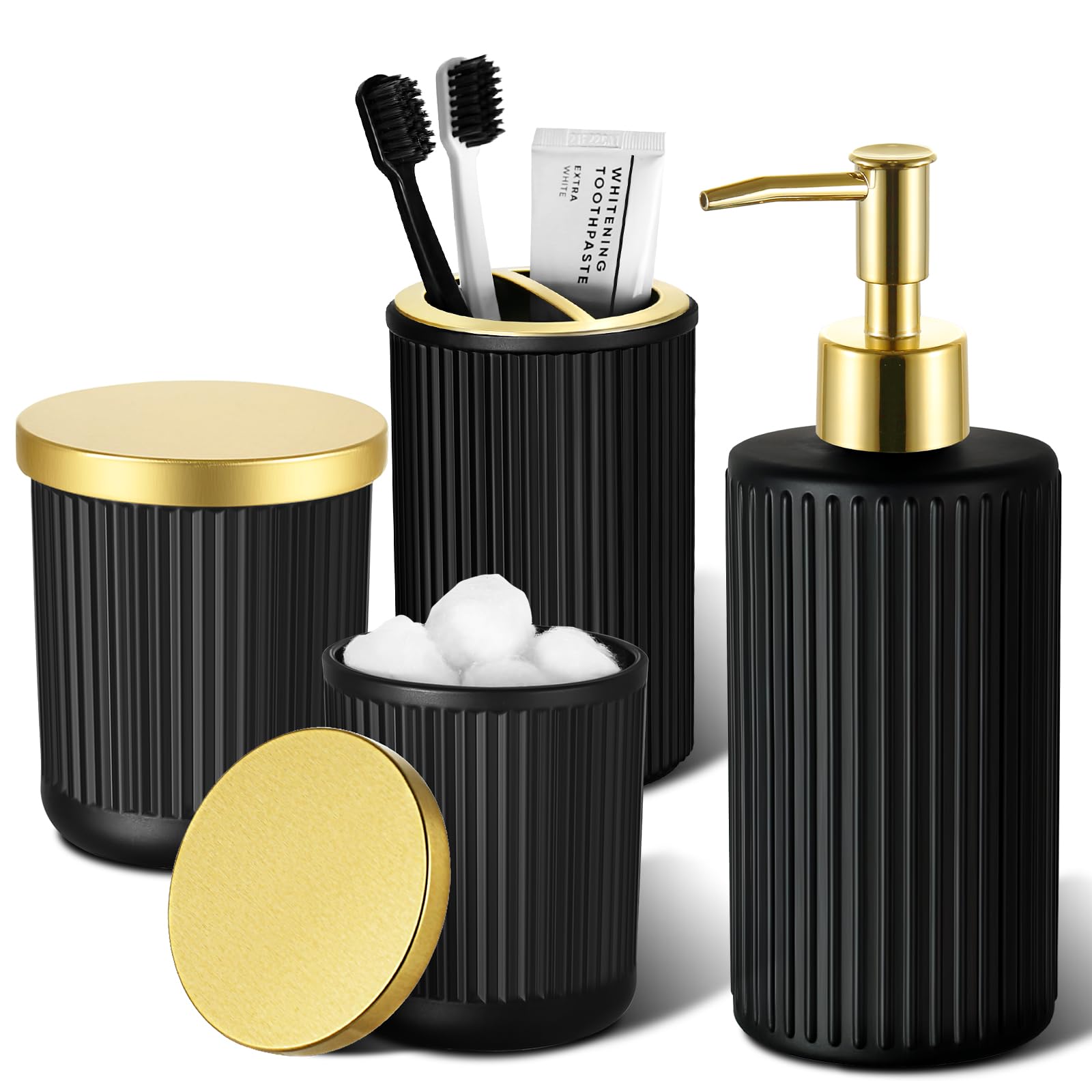 Matte Black and Gold Bathroom Accessories Set, 4 Pack Glass Bath Accessory Sets Complete, Ribbed Soap Dispenser and Toothbrush Holder Set with 2 Qtip Holders, Modern Gold Bathroom Decor