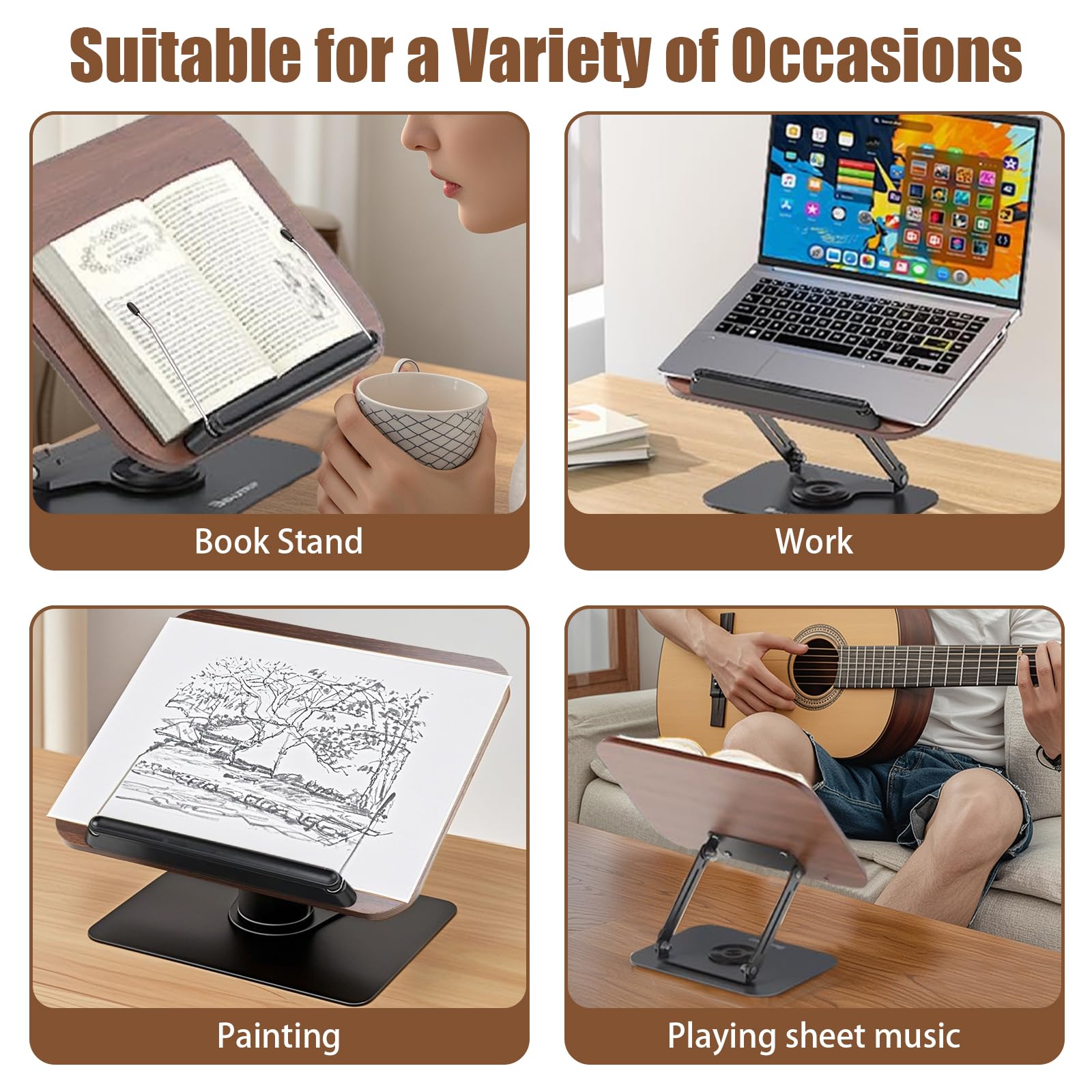 Porta Libri regolabile con pannello base girevole in legno e graffette Leggio da lettura Porta Libri resistente e porta Libri portatile per libri, cuochi, Ricette, iPad, Tablet, Spartito