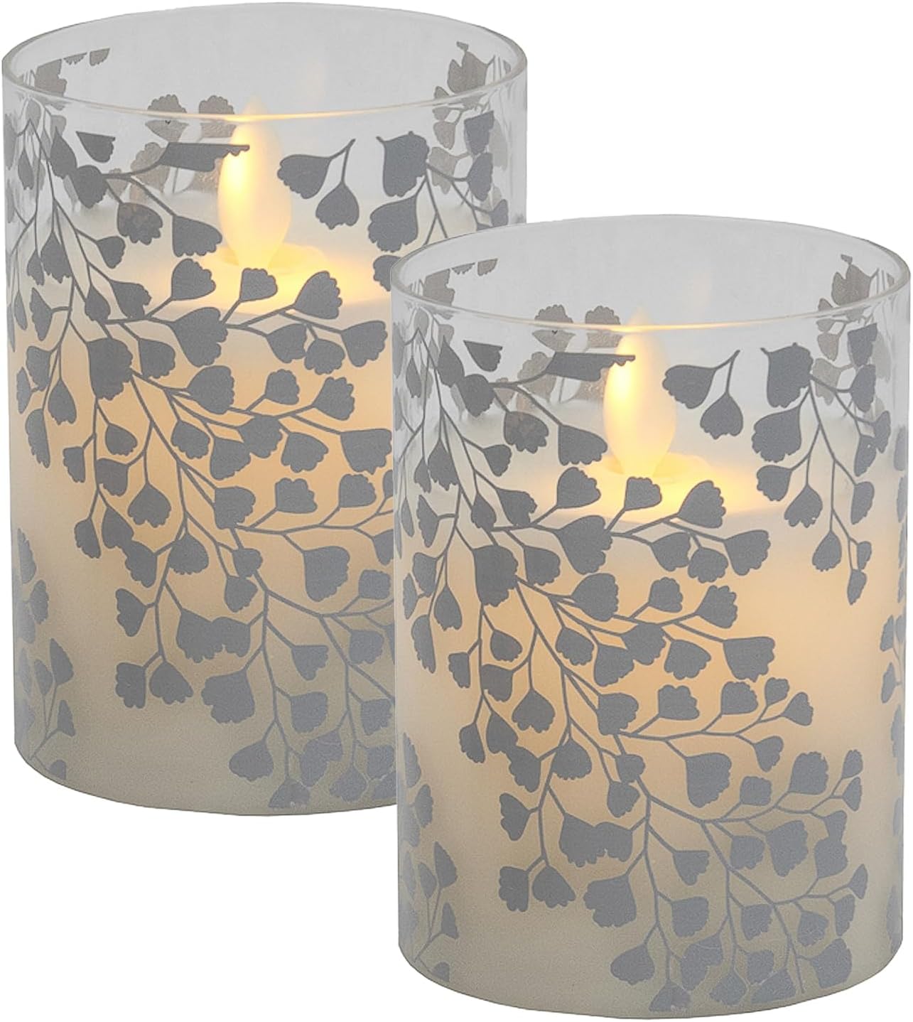 LumaBase Battery Operated LED Glass Candles with Flickering Flame, Silver Fern - Set of 2