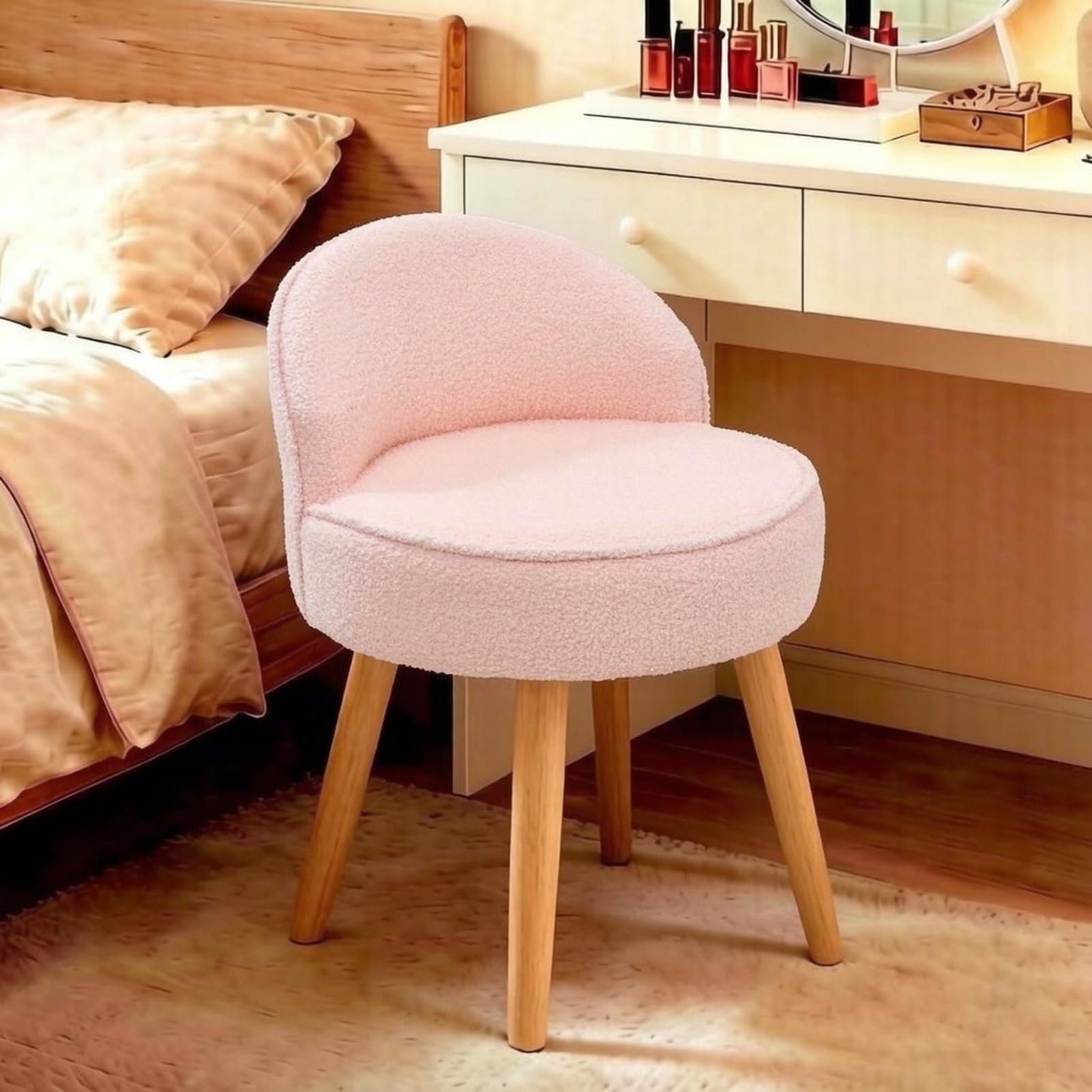 Warmiehomy Dressing Table Chair with Low Back and Wooden Legs, Pink