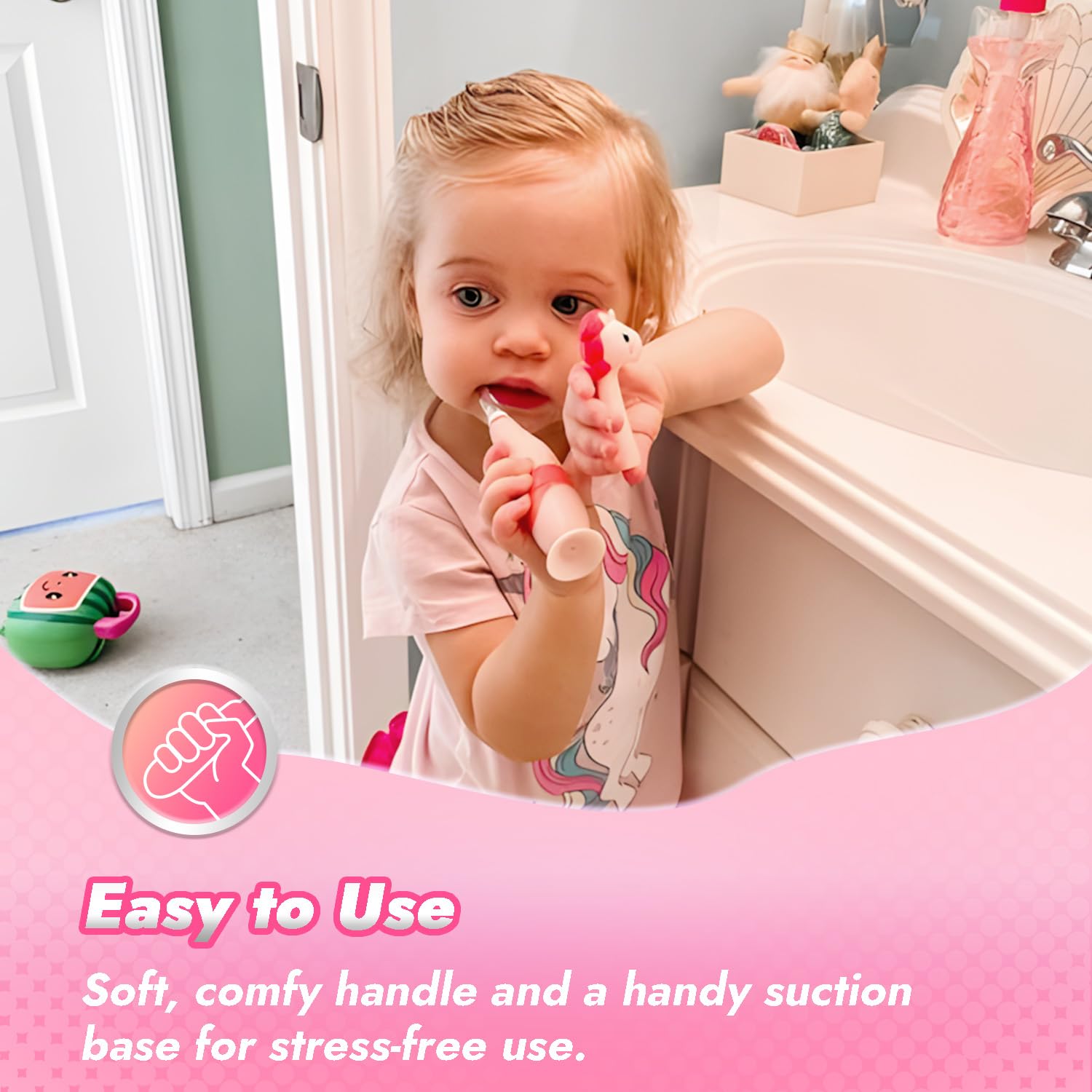 Papablic Kleinkind Sonic Elektrische Zahnbürste Kinder für Kinder im Alter von 1-3 Jahren, Baby Elektrische Zahnbürste mit niedlichem Einhorn-Bezug und intelligentem LED-Timer, 4 Bürstenköpfe (Doris)