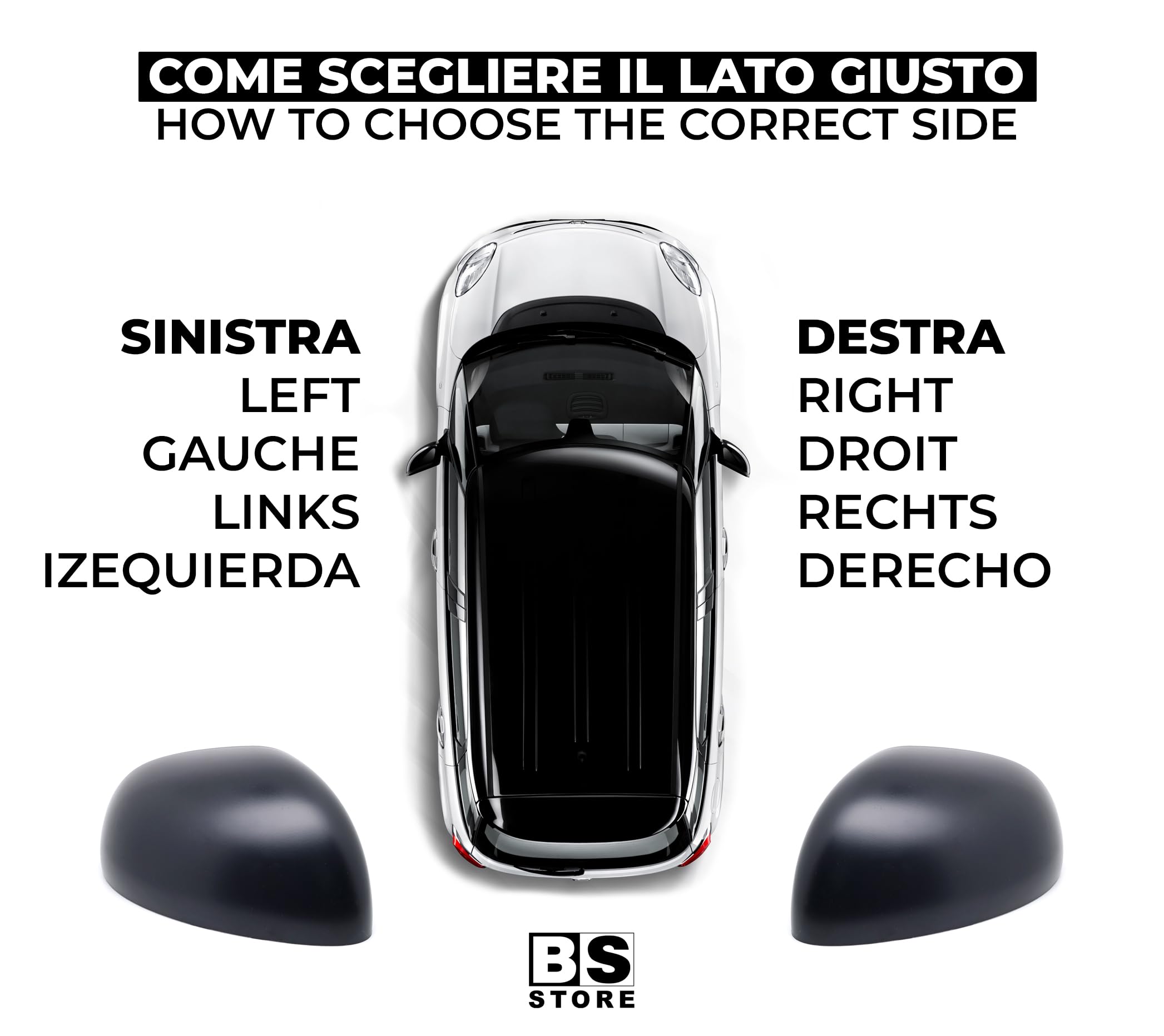 BSSTORE Calotta Specchietto Retrovisore Nera per 500L (351, 352) dal 2012 in poi (Sinistra - Lato Conducente)