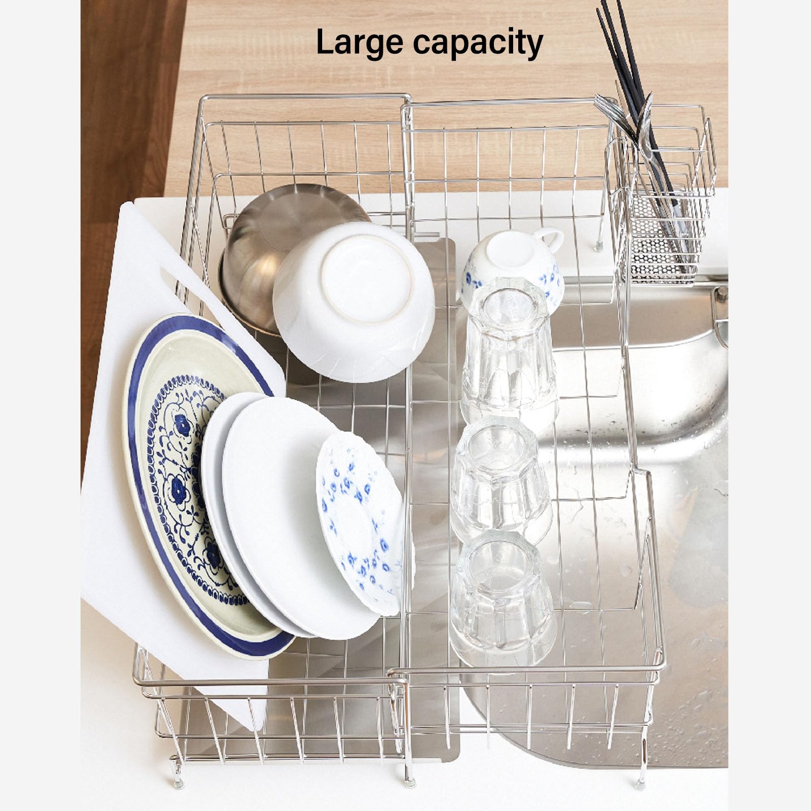 CDQL Geschirrtrockner, Geschirrtrockner über der Spüle, Edelstahl Verstellbar (20 Bis 37 cm), 2-stufiger Geschirrtrockner, Teleskop-Geschirrtrockner für die Küche mit Großer Kapazität