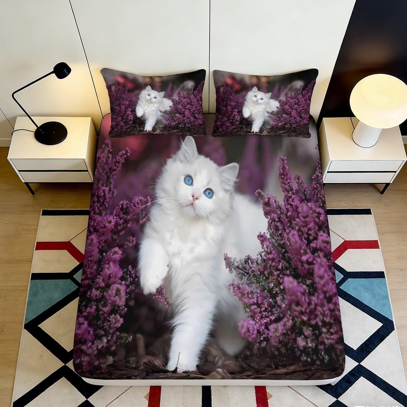 3D Printed White Cat Lavender Fitted Sheet Microfiber Soft Bed Sheet Bedroom Decor Dorm Mattress Cover 90x200x25cm