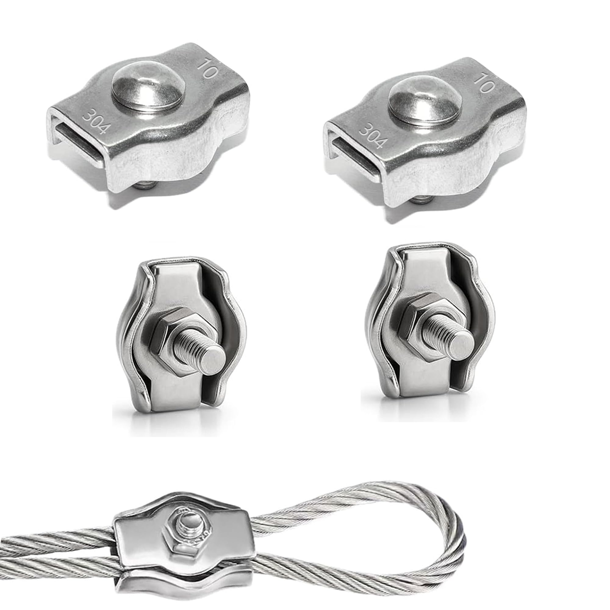 Rshuhx M10 Wire Rope Clip Clamp 304 Stainless Steel Cable Clip Wire Rope Cable Clamp for Rigging Ropes and Tension Cable Garden Tensioning Awning Fixed Clothesline Tensioner 4pcs