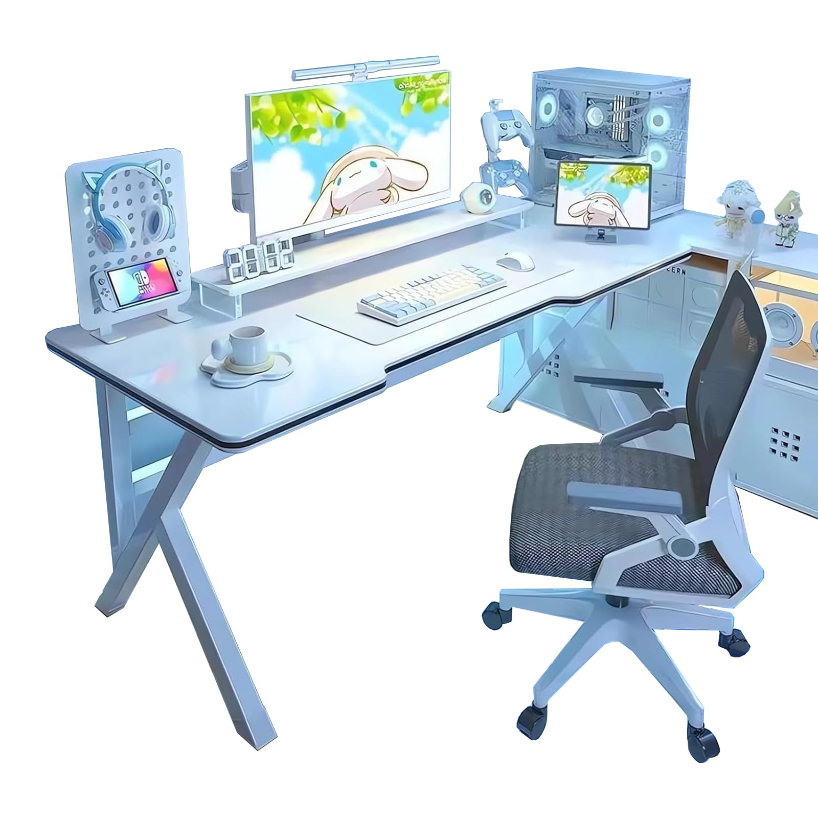 DESINO Ergonomic Large Gaming Desk,Computer Desk, K-Shaped Gaming Table, PC Gaming Workstation Home Office Desks, Space-Saving, Easy to Assemble (White-120CM) - White-120CM