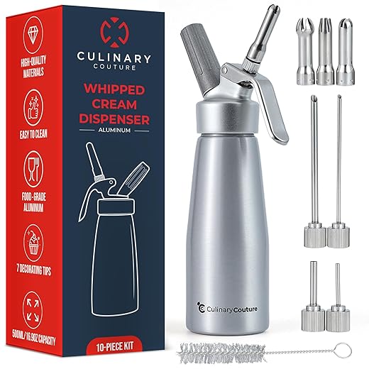 Culinary Couture Whipped Cream Dispenser - Stainless Steel Nozzle - Aluminum Cream Whipper Canister for Homemade Whipping Cream, Desserts - Professional, Food-Grade Tool for Home - 500ml/1 Pint