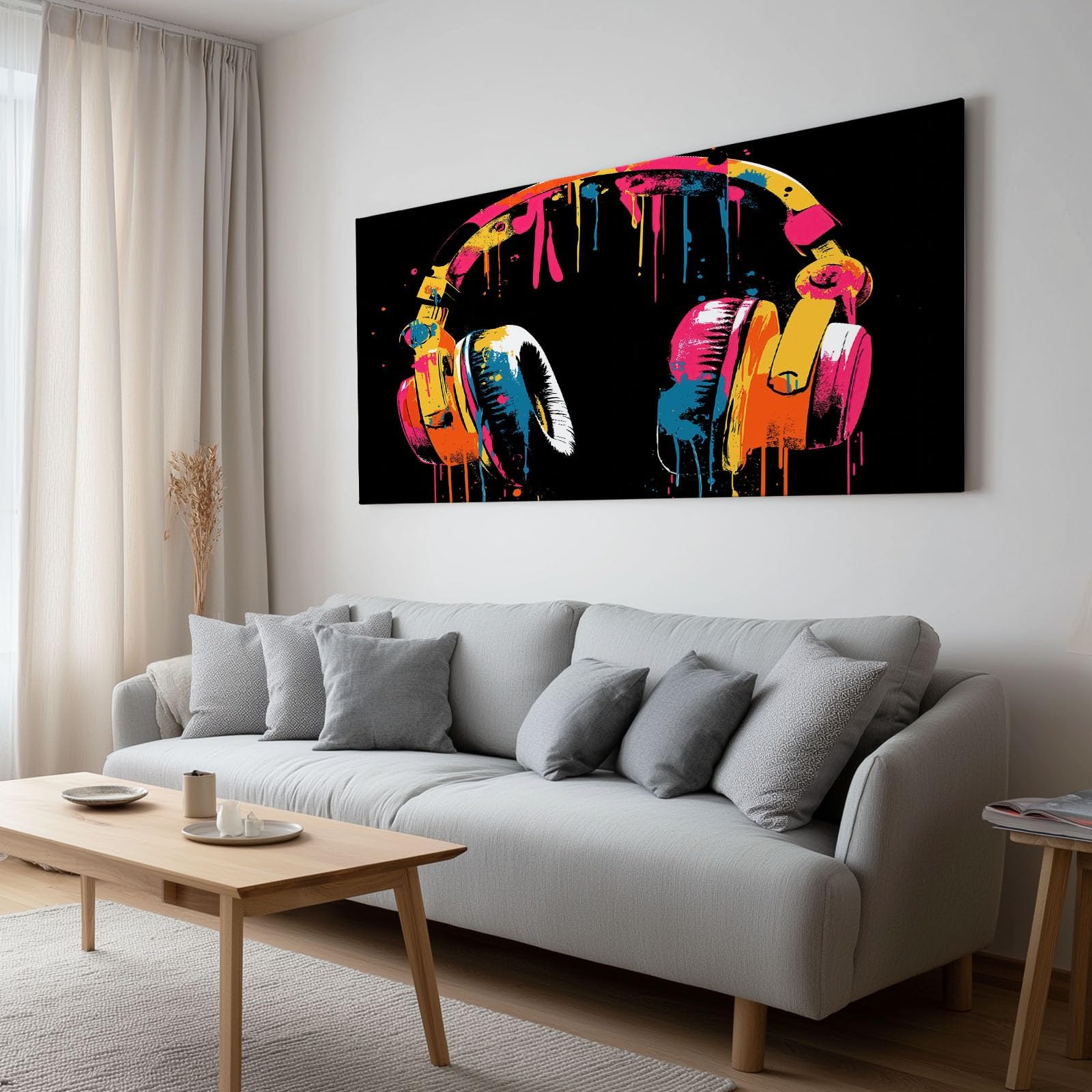 XXL Grand Tableau sur Toile avec Cadre Gaming Graffiti Art Casque, Impression Murale Décoration Salon Bureau Restaurant – Image sur Toile Moderne 120x80 cm
