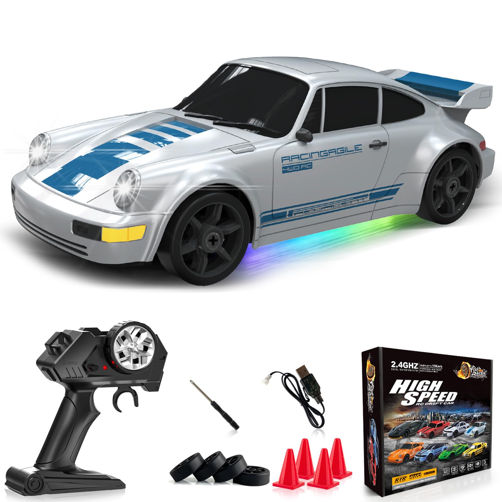 Remote Control Car RC Drift Car 2.4GHz 1:24 4WD 15KM/H High Speed Racing Sport Car with LED Lights Drifting Tire Racing Sport Toy for Adults Boys Girls Kids Gift
