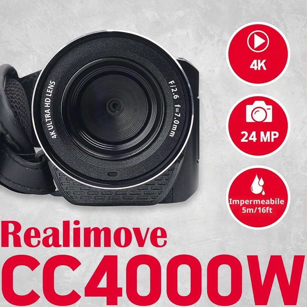 Agfaphoto - Videocamera - Realimove CC4000W - 4K, Schermo LCD Articolato IPS da 3", Zoom Digitale 18X, Impermeabile fino a 5 m, Stabilizzazione Elettronica, Batteria al Litio – Nero
