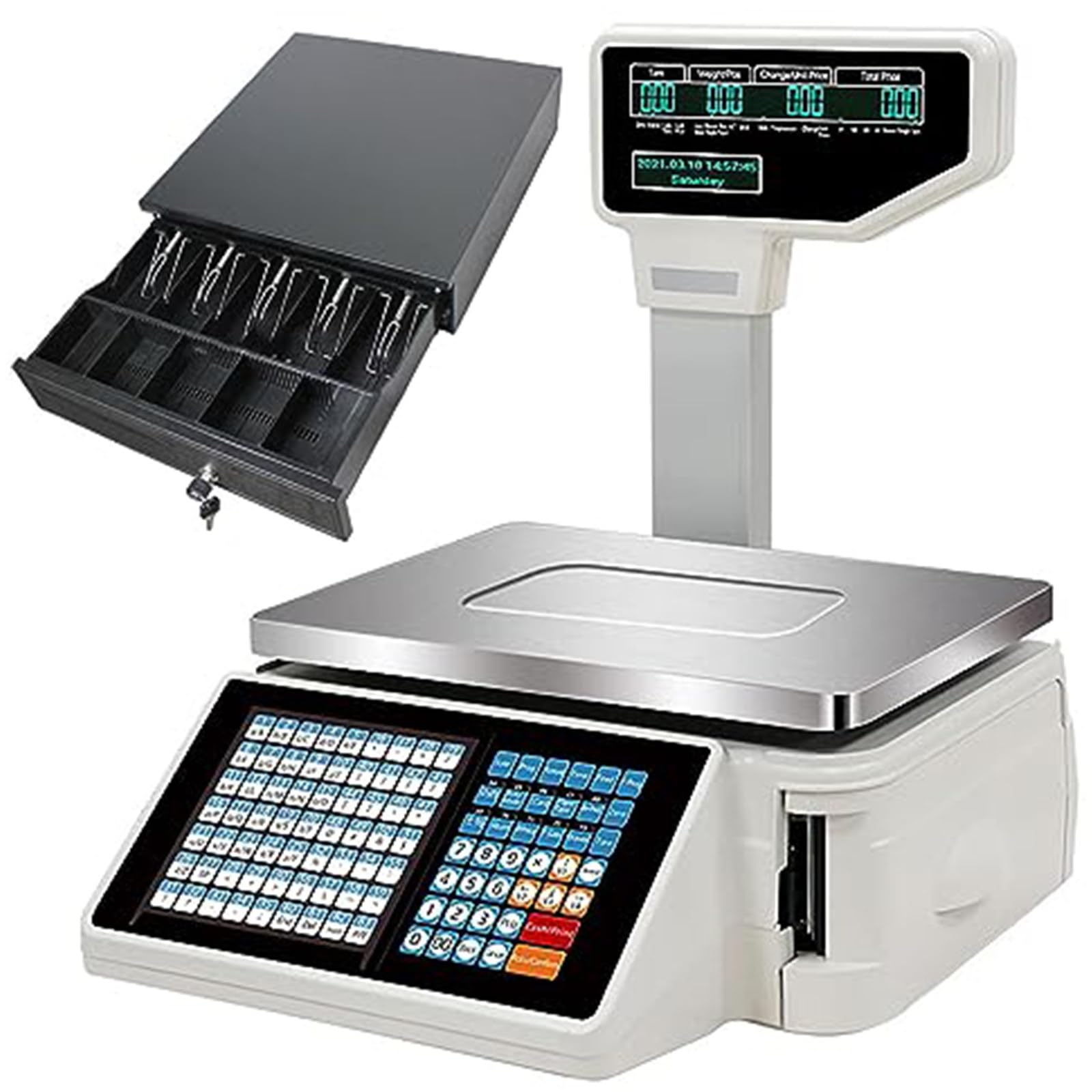 MYUYEE Digital Price Computing Scale,Commercial Digital Price,Label Supermarket Scale Printer,Cash Register,For Supermarkets Retail Store Food Meat Deli Market (Machine+Cashbox)