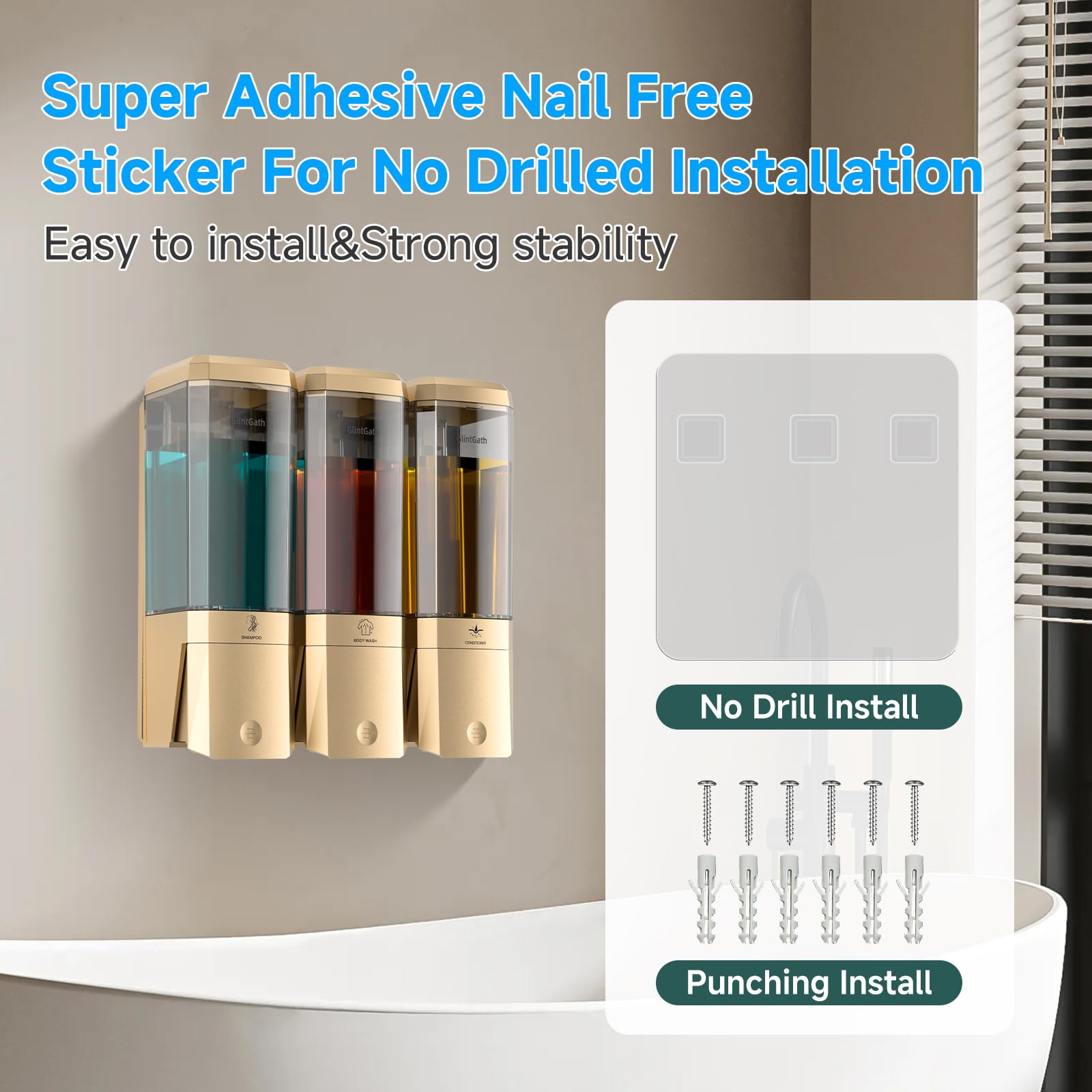 Dispenser per shampoo e balsamo, dispenser per doccia a 3 camere, senza trapano, dispenser per shampoo per doccia a parete per bagno hotel, grande capacità 3 x 500 ml, oro
