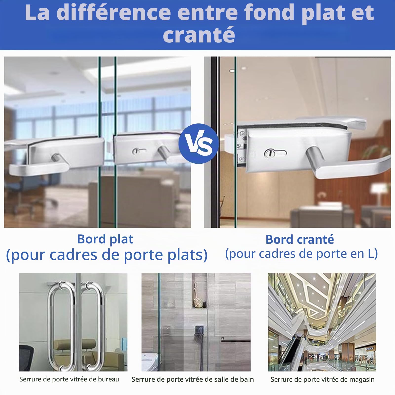 Serrure de porte en verre en acier inoxydable, poignée de porte avec 3 clés, poignée de porte en acier inoxydable mat avec encoche pour verre, bureau, salle de bain, chambre à coucher, balcon