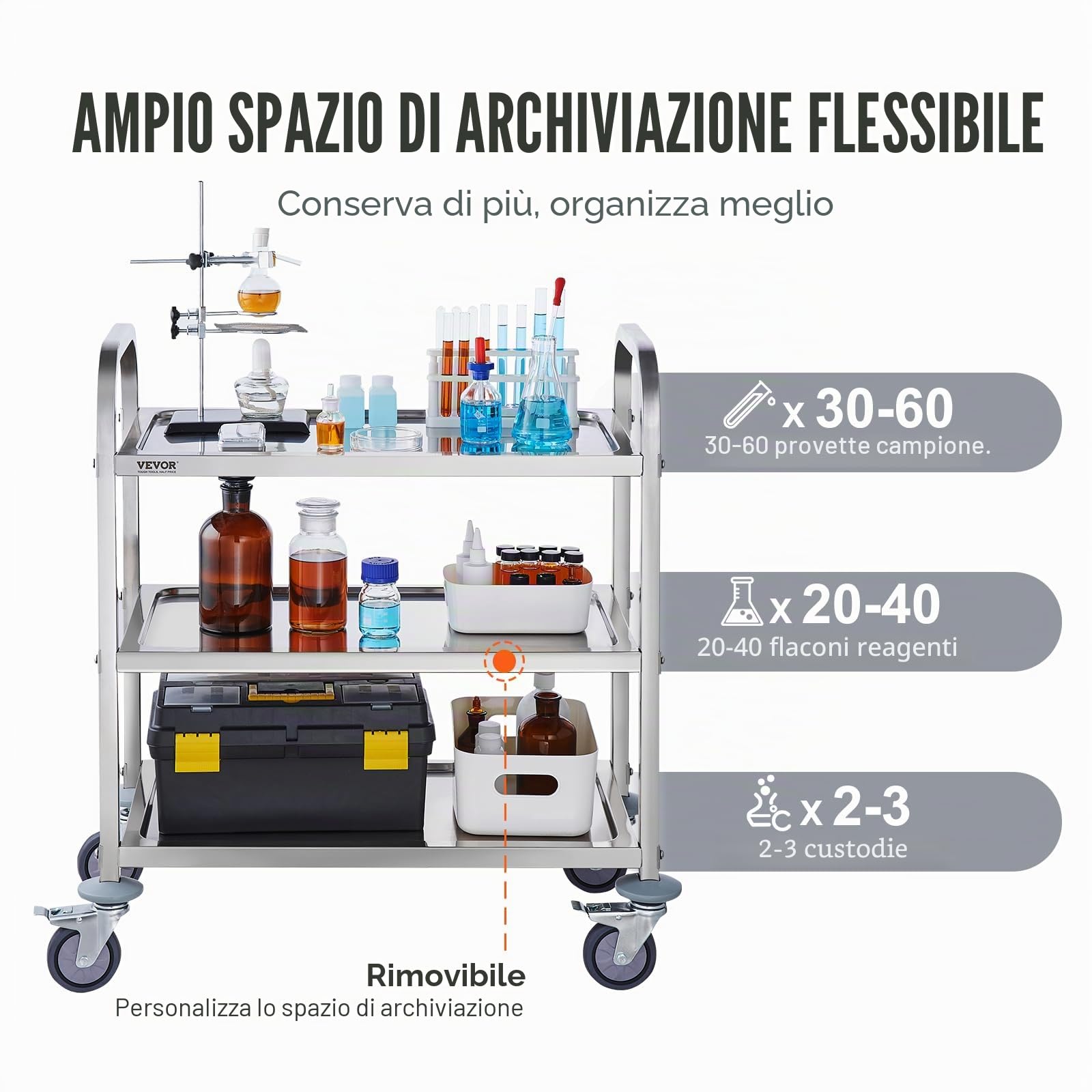 VEVOR Carrello da Laboratorio in Acciaio Inox 3 Ripiani 100 kg 740x396x860 mm