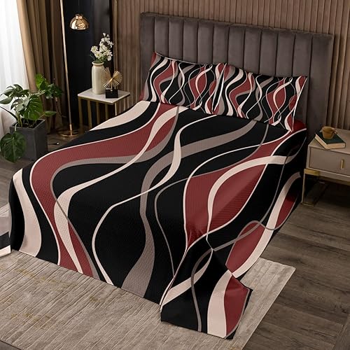 Miniatura 4 de Erosebridal Juego de ropa de cama moderna con diseño de rayas geométricas, tamaño Queen, gris, rojo y negro, juego de colcha de arte abstracto,