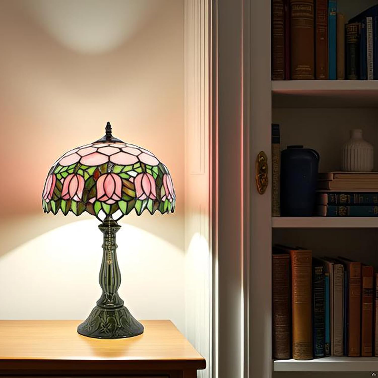 Tiffany Lamp Stained Glass Table Lamps Pink Tulip Style Desk Lamp 12X12X18.5 Inch Bronze Ceramic Base Reading Light Suitable for Bedside Bedroom Living Room Dining Room Office