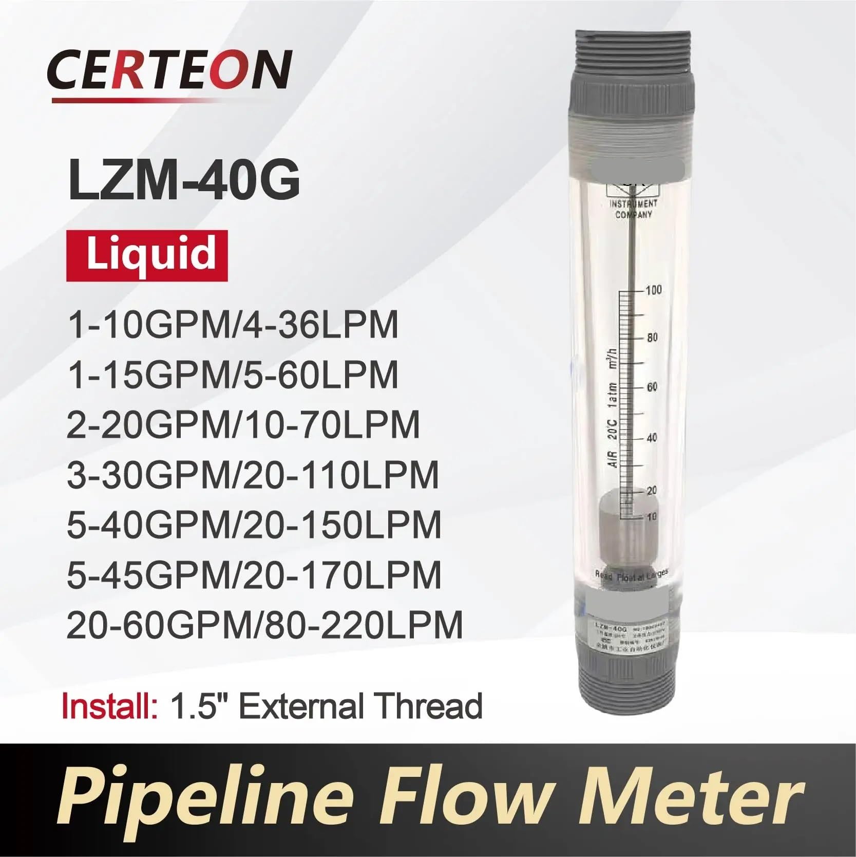 Rotámetro acrílico de LZM-40G, medidor de flujo de área Variable, medidor de flujo en línea de paleta giratoria for uso Industrial de aire comprimido líquido de Gas(Contact us)