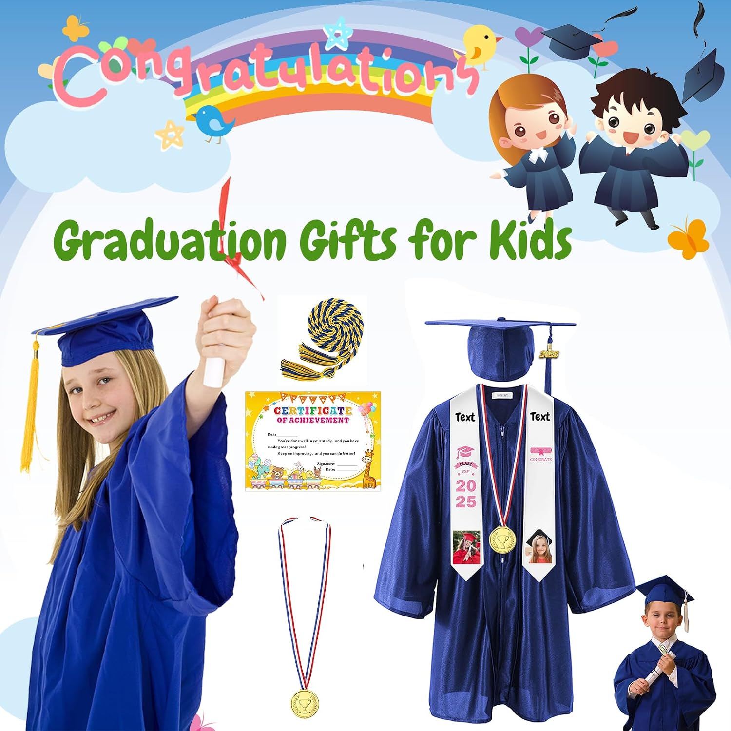 Custom Kindergarten Graduation Cap and Gown, Personalized Prek Graduation Cap and Gown with Grad Stole for Kids