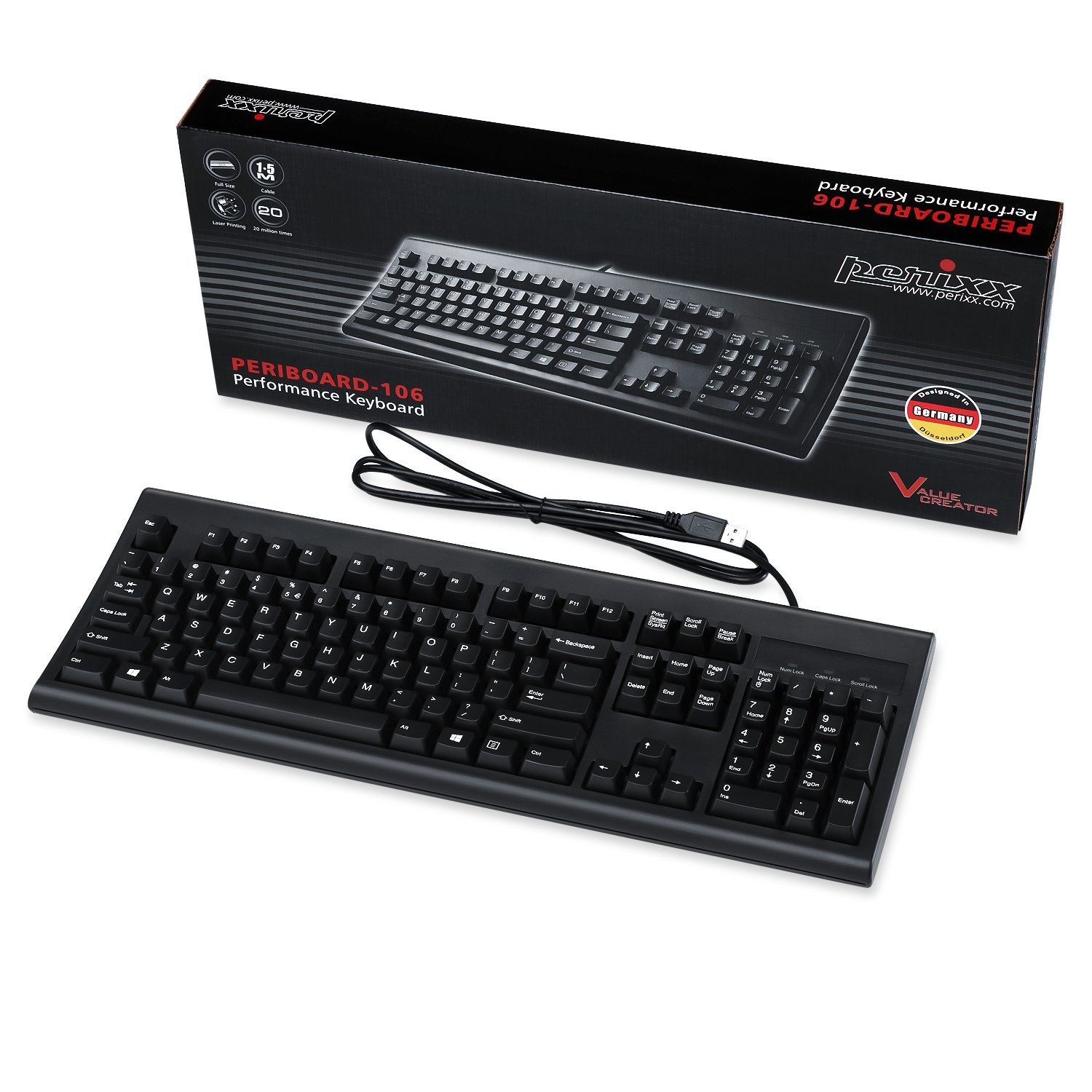 Perixx PERIBOARD-106 Tastiera USB - Alte Prestazioni - Tasti Alti - Full-Size con Tastiera Numerico - Nero - QWERTY Italiano