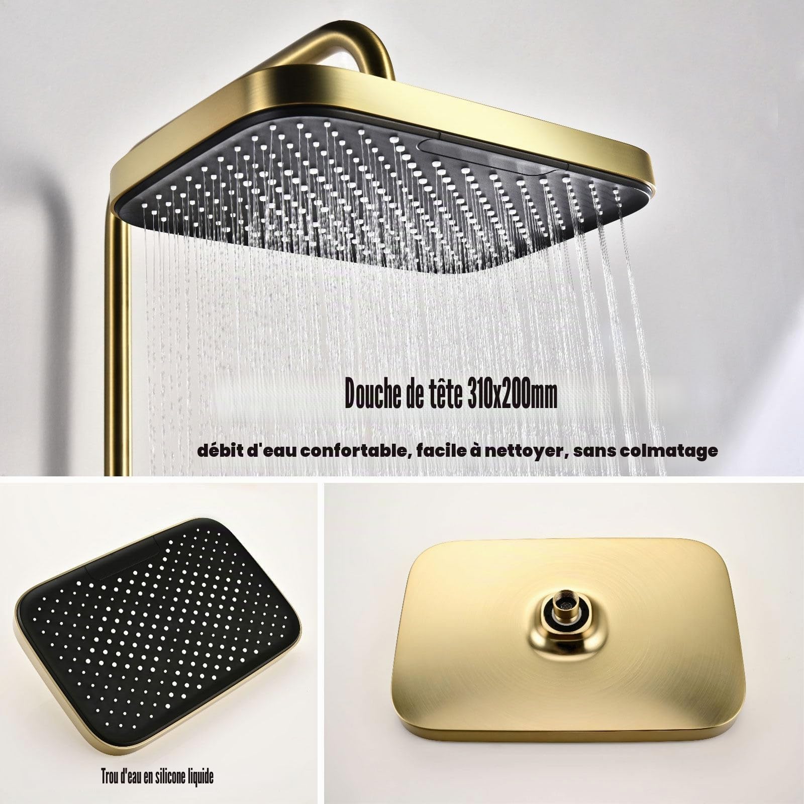 Colonne de Douche Thermostatique, 4 Touches de Piano de Fonction Ensemble de Douche, 31x20cm Carré Pommeau de Douche, Affichage Numérique, Lumière d'ambiance à DEL 360° (Or Brossé)