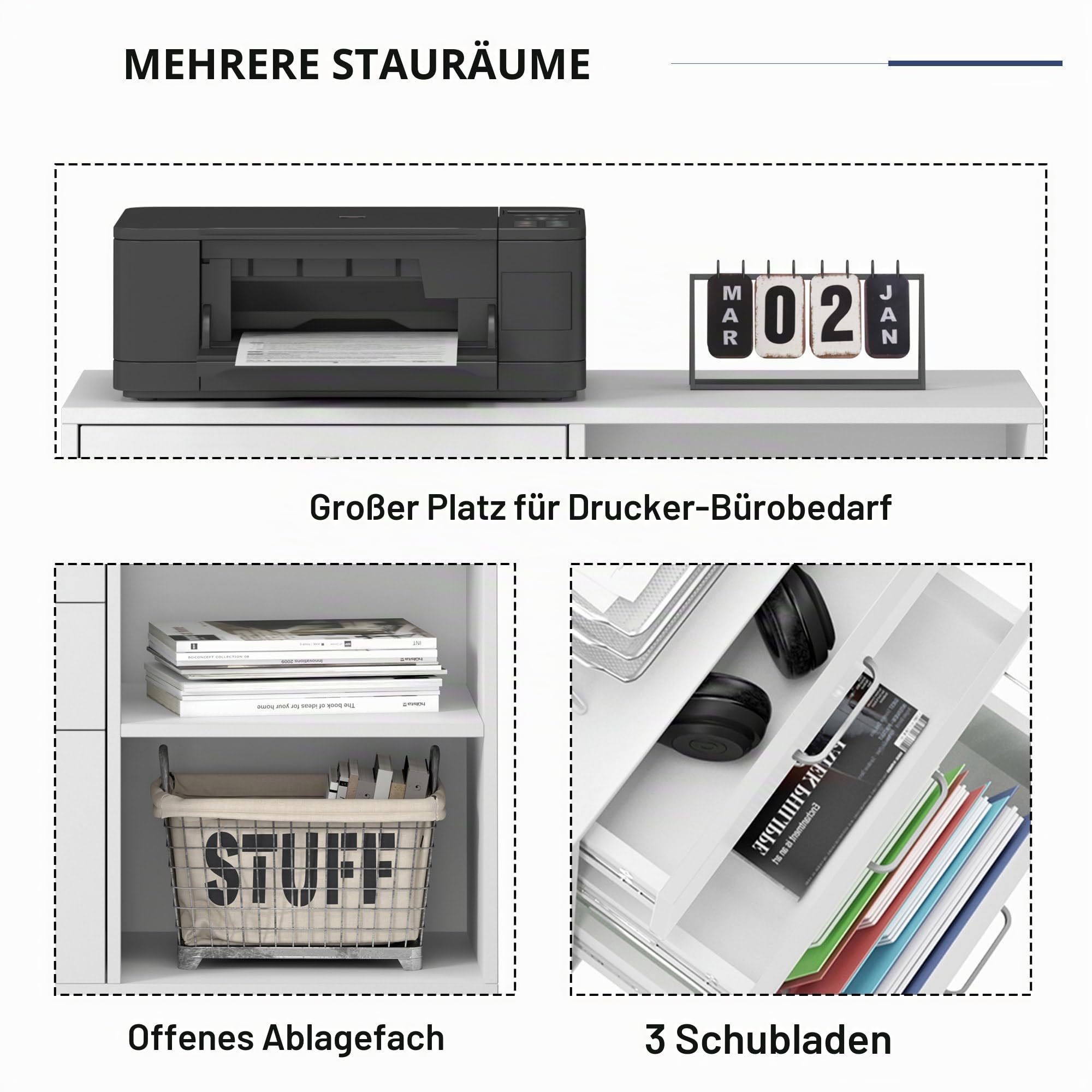 SogesHome Aktenschrank Rollcontainer Büroschrank Aufbewahrungsschrank aus Holz auf Rollen mit 3 Schubladen und 2 offenen Ablagen für A4, Legal, Letter Format,80x40x63 cm
