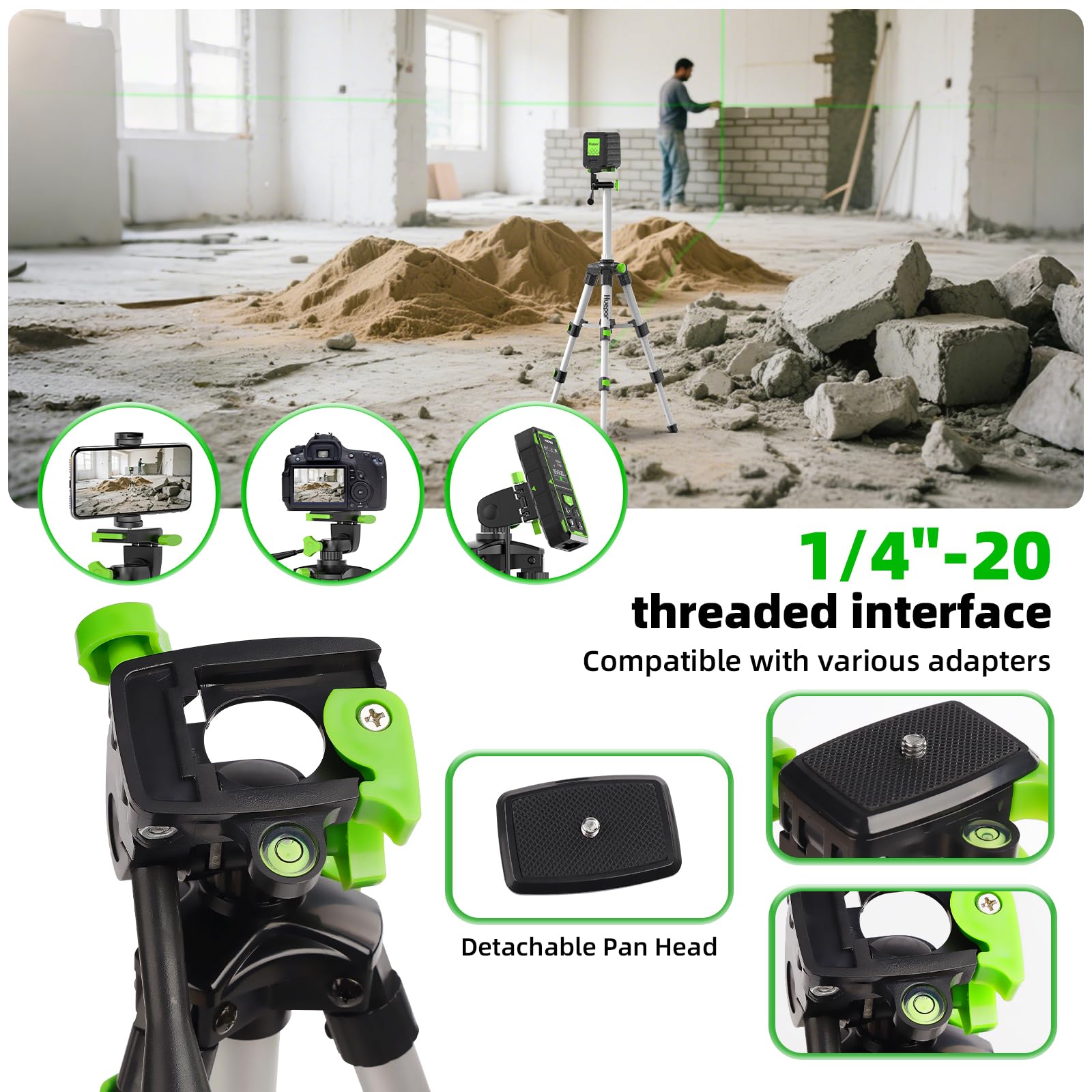 Huepar Trípode Aluminio 50cm para Nivel Láser y Smartphone, Equipado con una Cabeza panorámica de 3 vías, Nivel de Burbuja, Rosca 1/4"-20, Soporte para Móvil y Bolsa de Transporte,TPD05A1
