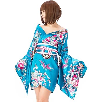 Amazon 花魁系 着物ドレス 帯付 ワンピース 浴衣 女性用 サテン ポリエステル サイズm 肩出しok ブルー 水色 コスプレ Julius コスプレ 仮装 通販