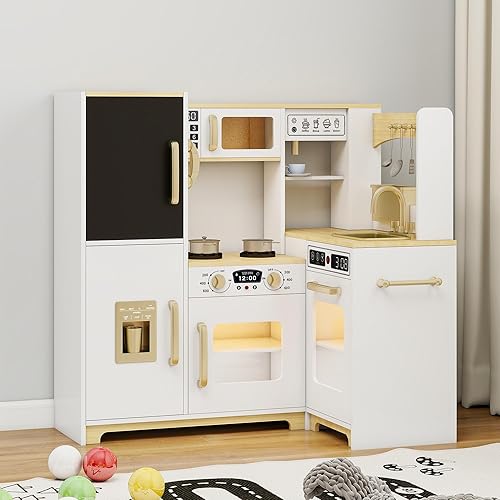 Juego de cocina para niños con luces y sonidos, cocina de esquina de madera con fregadero, horno, máquina de hielo y accesorios de juego de