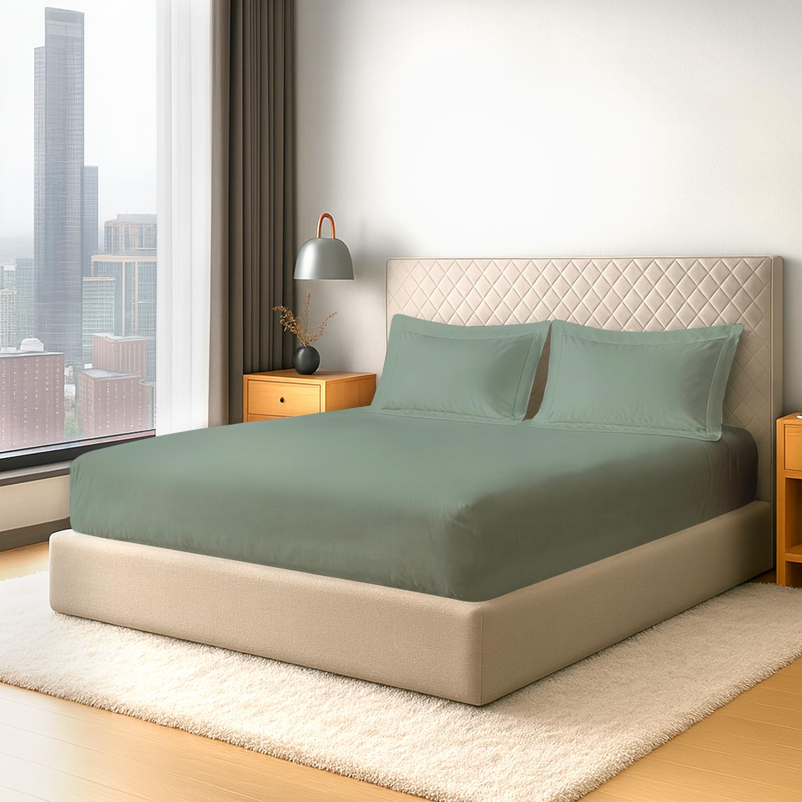 Pizuna Pure Cotton 600 Thread Count Fitted Sheet Emperor with 2 Pillowcases, Seafoam Sage 100% Long Staple Cotton, Soft Sateen Weave 40 cm Deep Fitted Emperor Size Sheet โ image 1