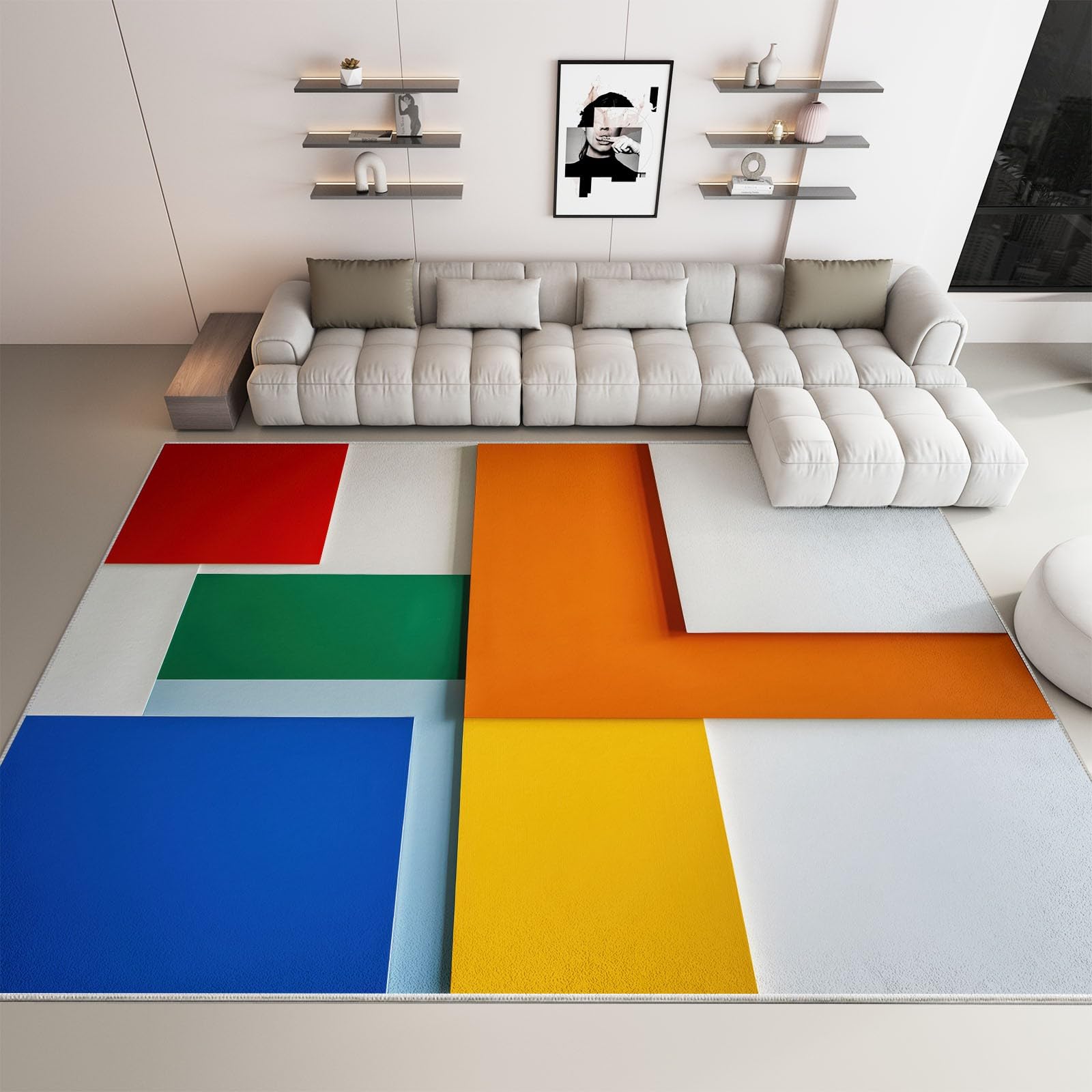 Teppich Wohnzimmer Farbige Geometrie 80x150cm Waschbare Kurzflor Teppiche Großer rutschfest Carpet, für Schlafzimmer, Büro, Kinderzimmer Druck Teppich