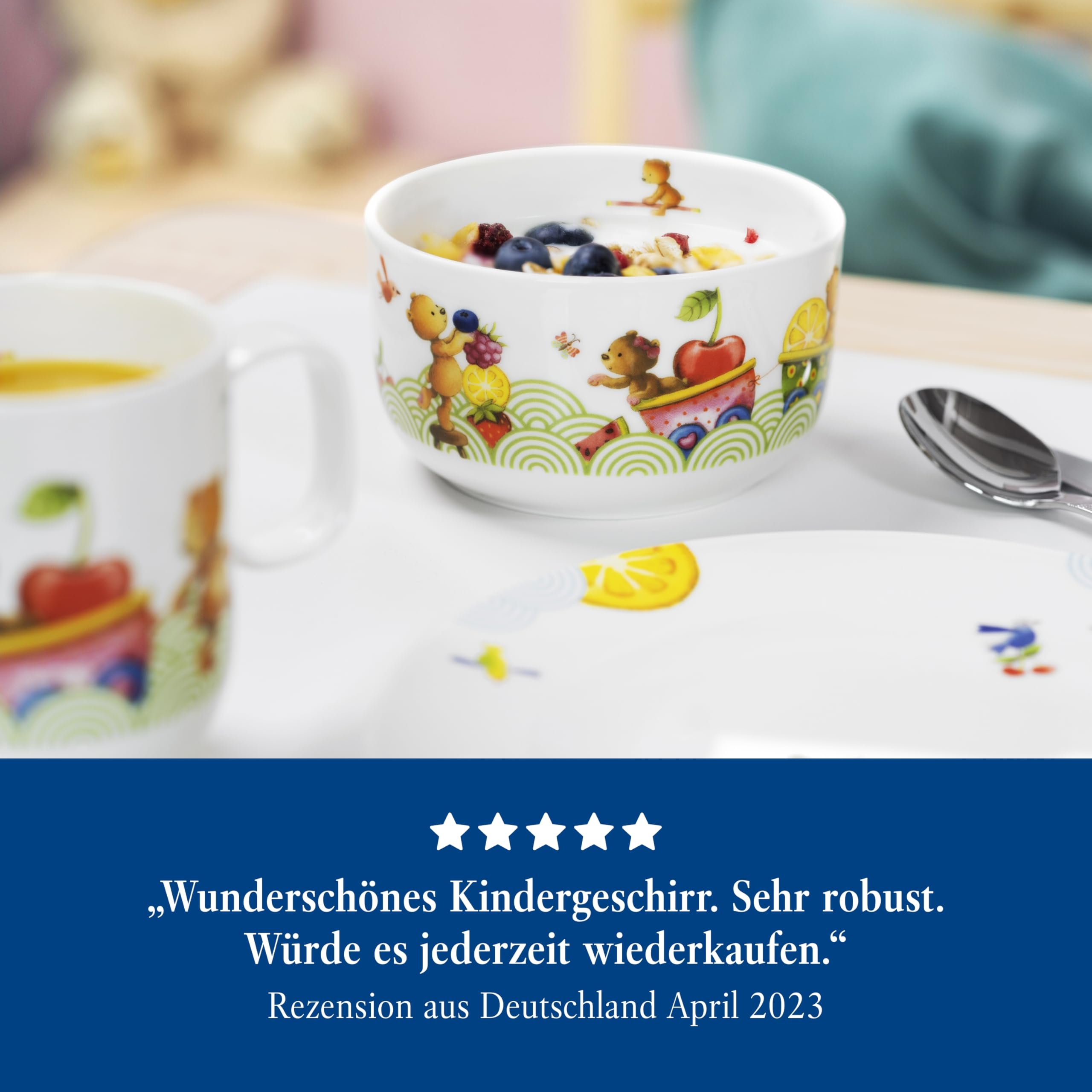 Villeroy & Boch - Hungry As A Bear Set Mit Kinderbesteck Und Kindergeschirr 7 Teilig, Spülmaschinenfest, Mikrowellensicher, Kinderteller, Kindertasse, Besteckset Kinder, Premium Porzellan/Edelstahl