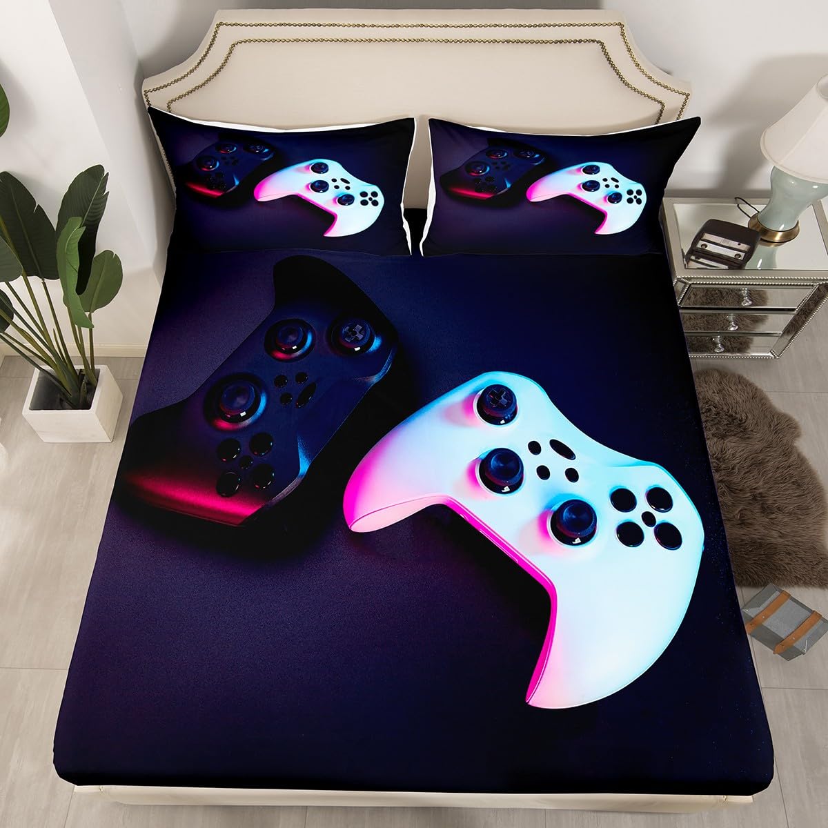 Gamer Bed Sheet Set Twin Size Kids Gaming Fitted Sheet for Boys Teens Video Game Gamepad Bedding Set Games Bedroom Decor Microfiber Soft Modern Game
