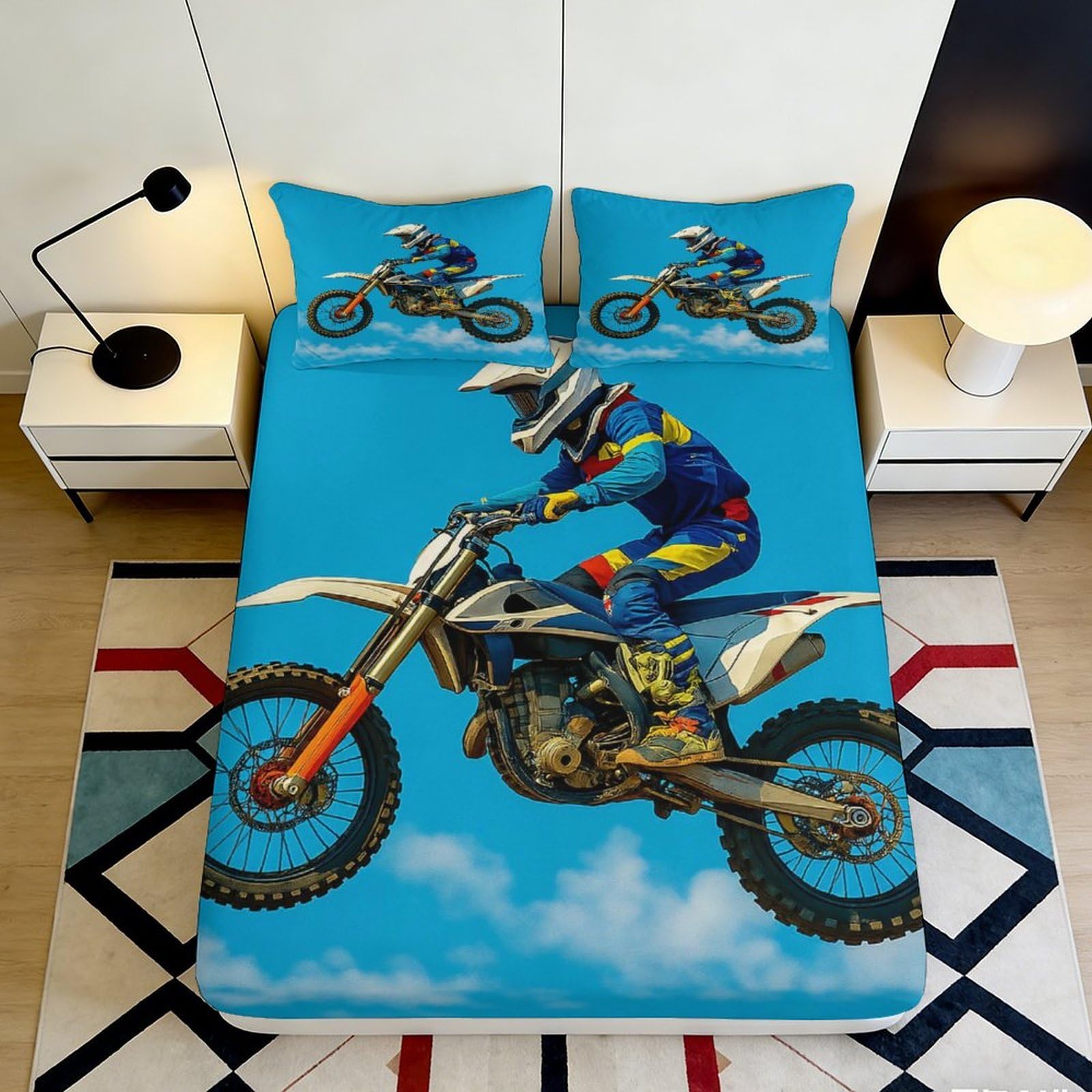 3D Printed Motocross Racing Fitted Sheet Microfiber Soft Blue Motorcycle Bed Cover for Bedroom Guest Room Mattress Protection 90x200x25cm
