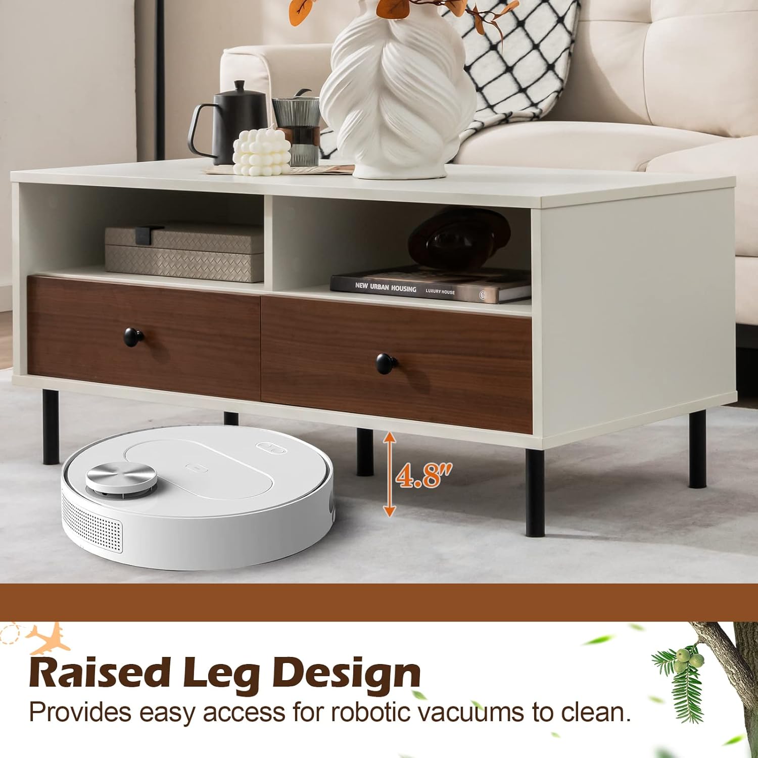 Underside of the coffee table showing the metal legs being attached with screws.