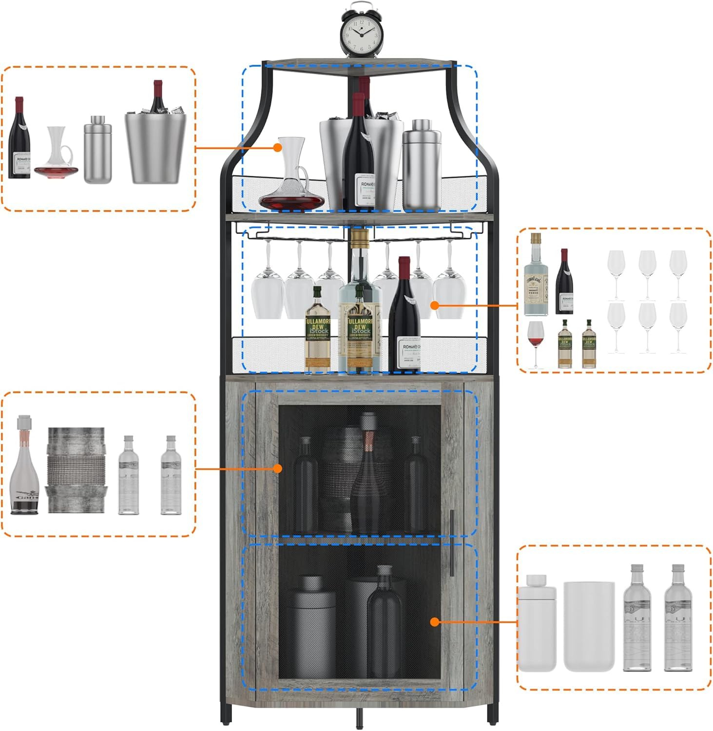 Armadietto angolare in legno con 2 supporti in vetro, armadio ad angolo con ante in metallo e 4 ripiani, cucina con superficie di lavoro, mobili da bar per ingresso, soggiorno, cucina (152 x 90 x 32