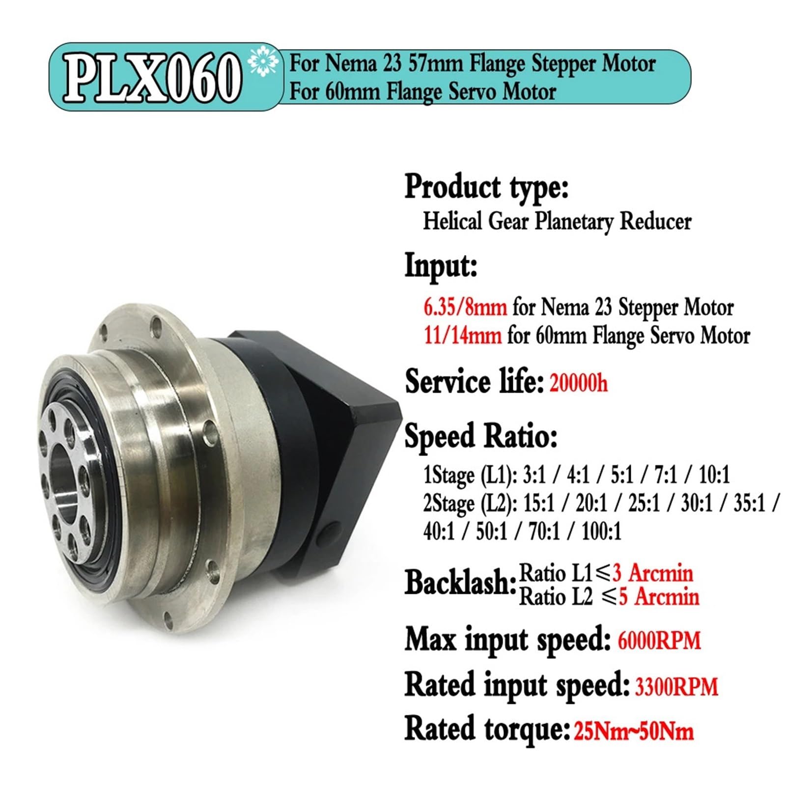 1 x hochpräzises Planetengetriebe ≤3 Arcmin | Drehregler NEMA23/NEMARotary 3:1-100:1 für 60/80/90/130 (PLX060 8mm Input, Speed Ratio 100 to 1)
