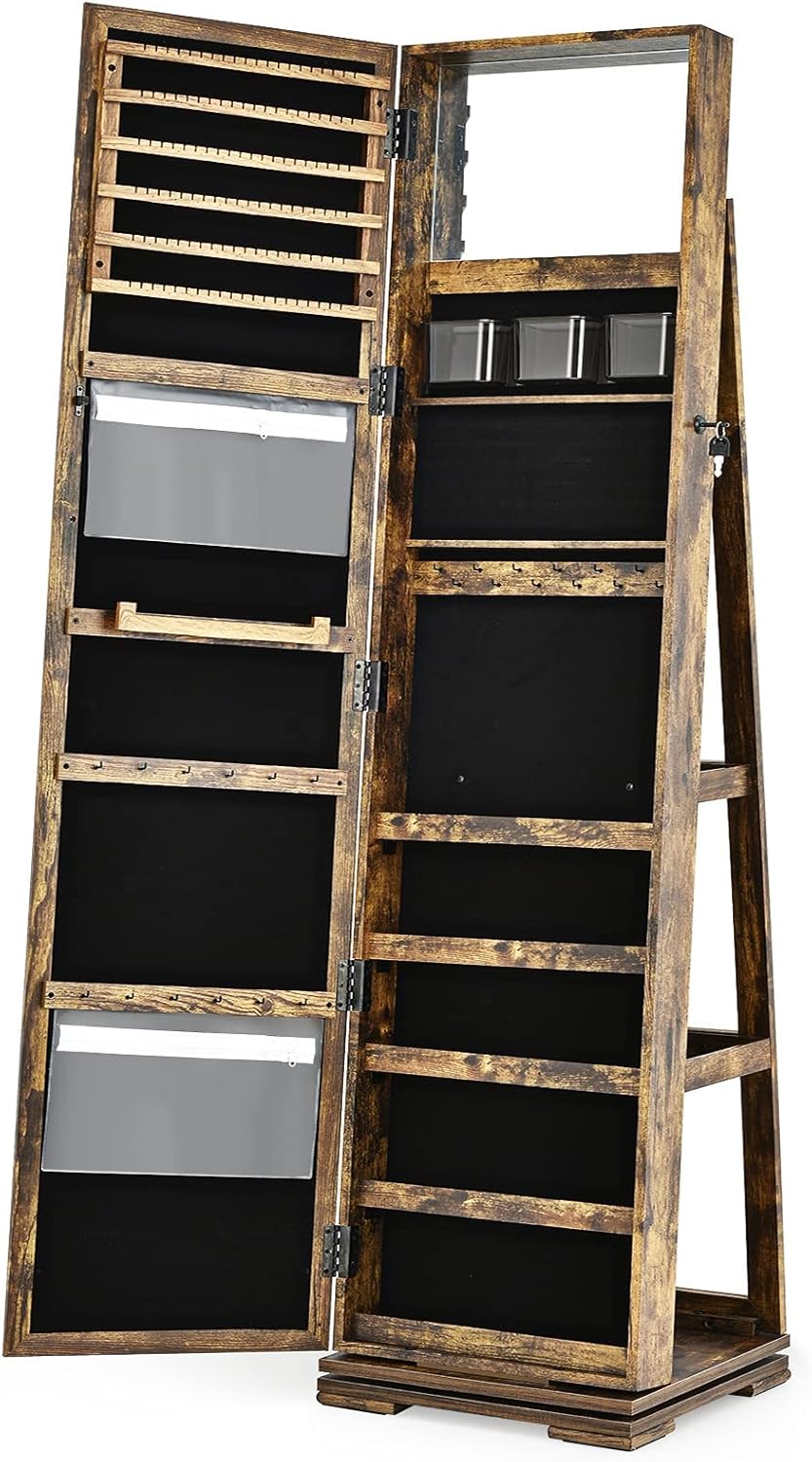 CHARMAID 360° Swivel Jewelry Armoire with Higher Full Length Mirror, Standing Lockable Jewelry Cabinet Organizer, Large Storage Capacity, Inside Makeup Mirror, Back Storage Shelves (Rustic Brown) - Image 9