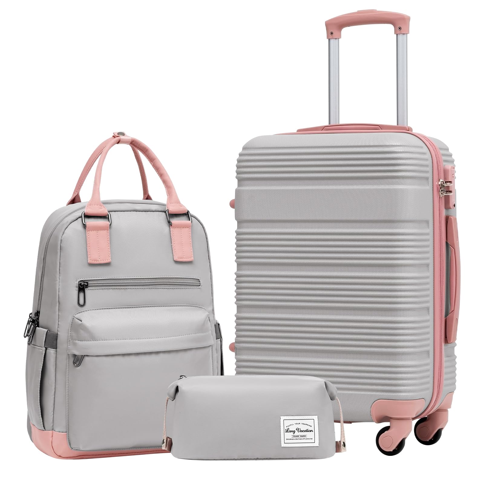 LONG VACATION Luggage Set 4 Piece Luggage Set Carry on Suitcase ABS Hardshell Lightweight TSA Lock Spinner Wheels Luggage Set (GREY-PINK, 3 piece set (BP))
