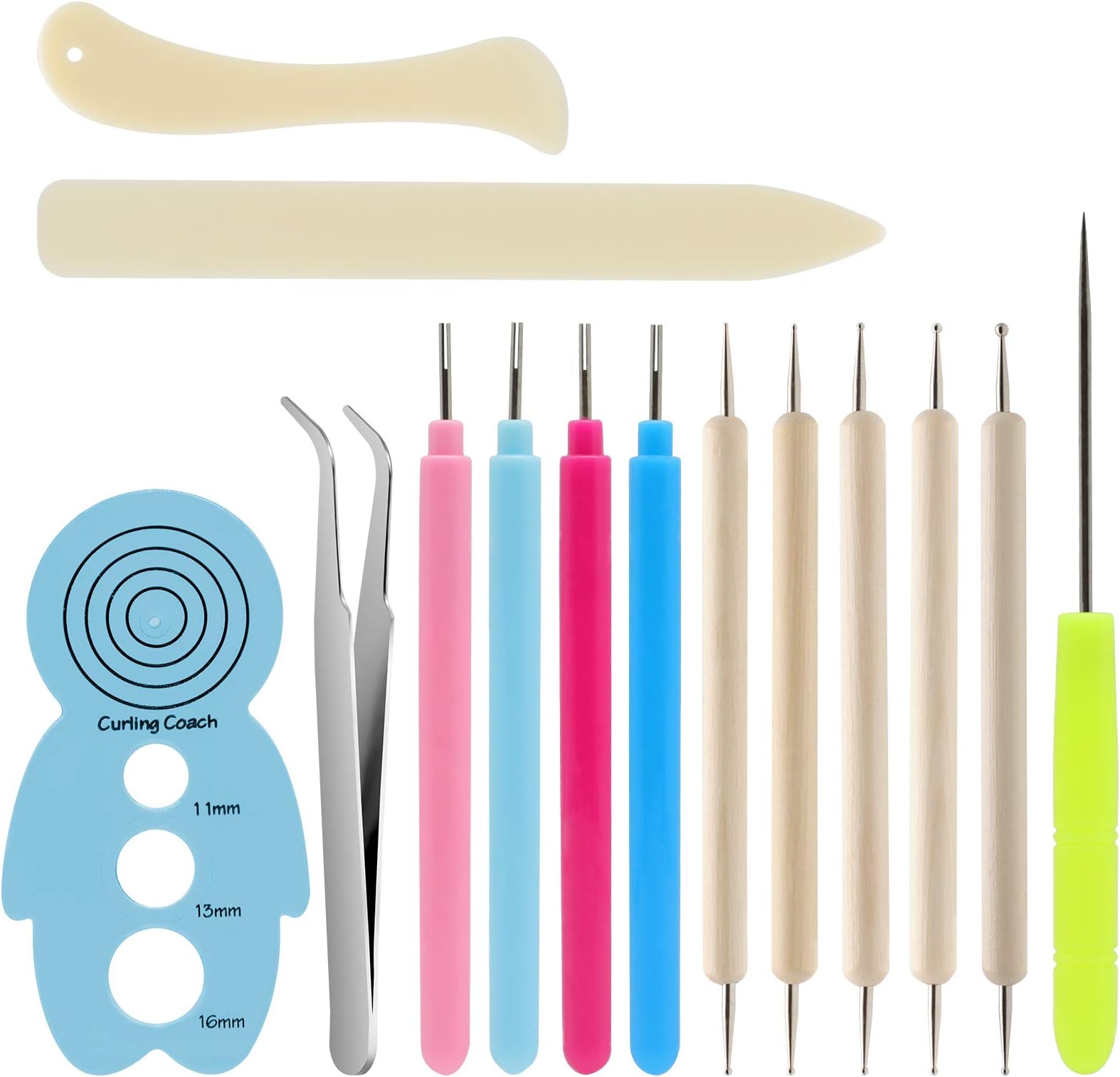 KITANIS 14Pcs Paper Quilling Tool and Supplies, Include 5Pcs Double Head Indentation Pens, 4Pcs Slotted Pens, 2Pcs Bone Folder Tools, Awl, Tweezer and Curling Coach for Card Making, Bookbinding